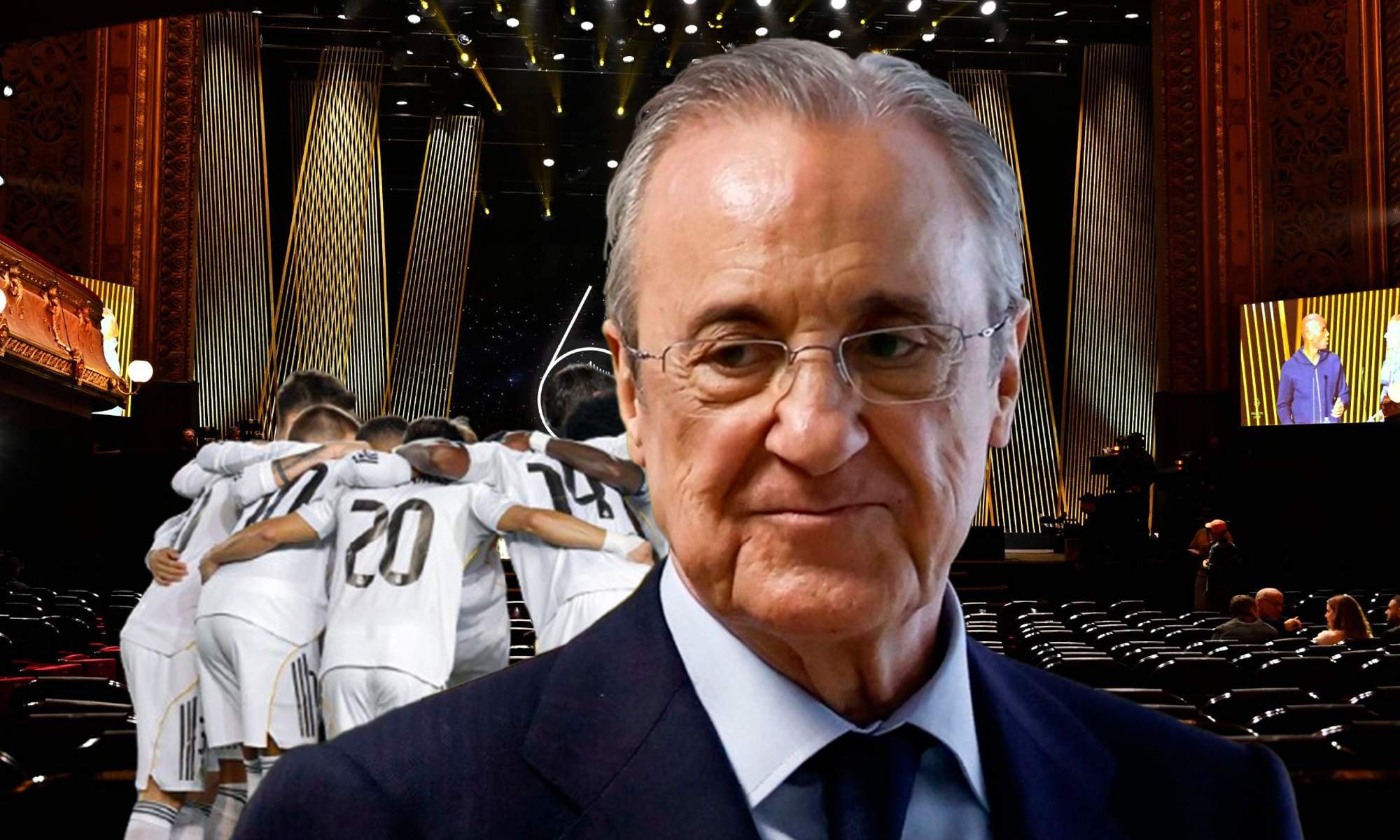 Florentino Pérez, la gala del Balón de Oro y jugadores del Real Madrid charlando.