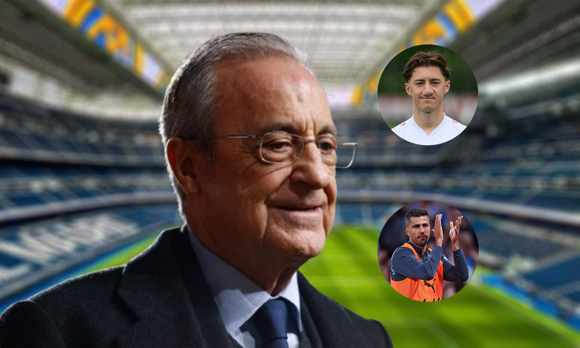 Florentino Pérez, Angelo Stiller, Rodri Hernández y el Santiago Bernabéu.