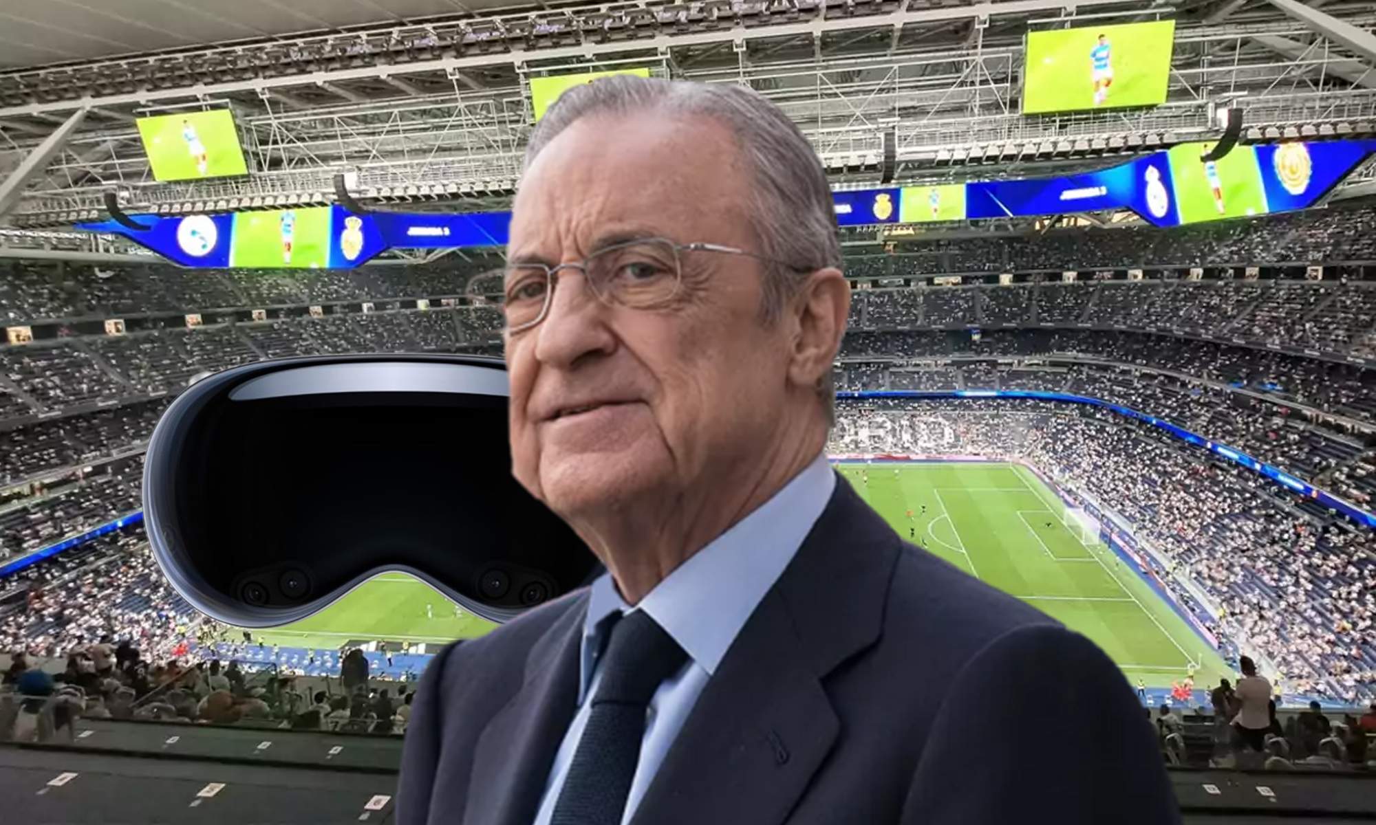 Florentino Pérez, gafas de realidad virtual de Apple y el Santiago Bernabéu.