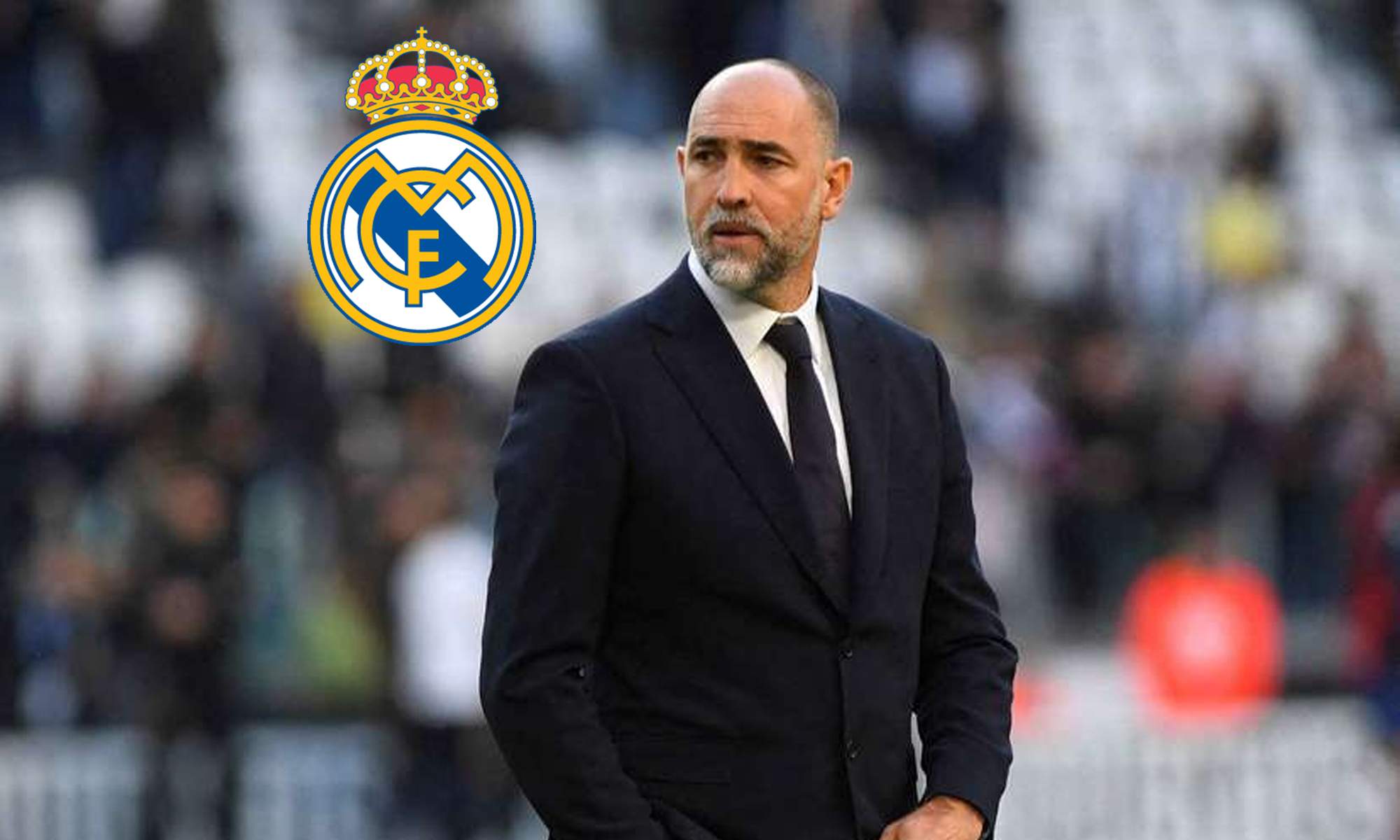Tudor el entrenador de la Juventus y el escudo del Real Madrid.