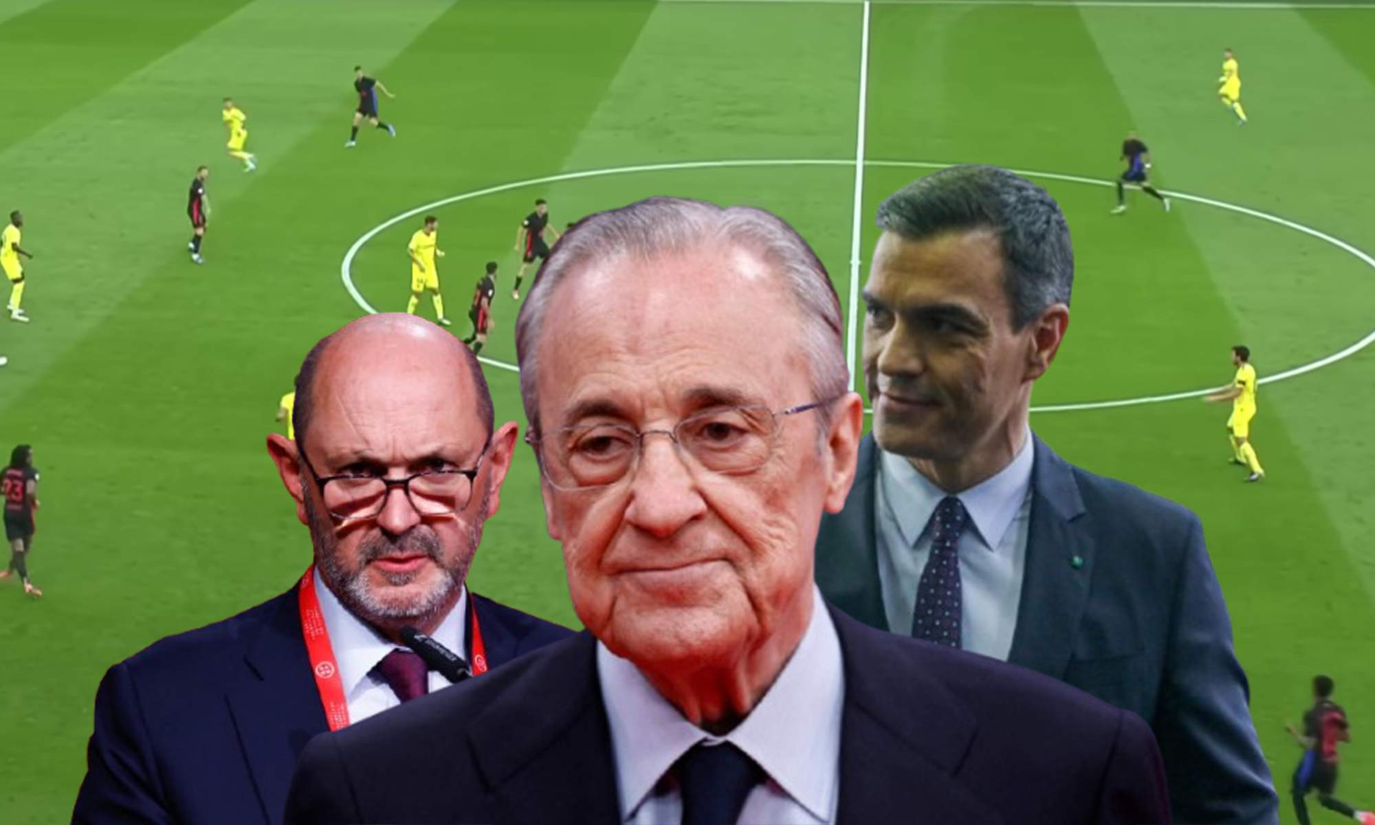 Florentino Pérez, Pedro Sánchez, Louzán y una captura del Villarreal - Barcelona. 