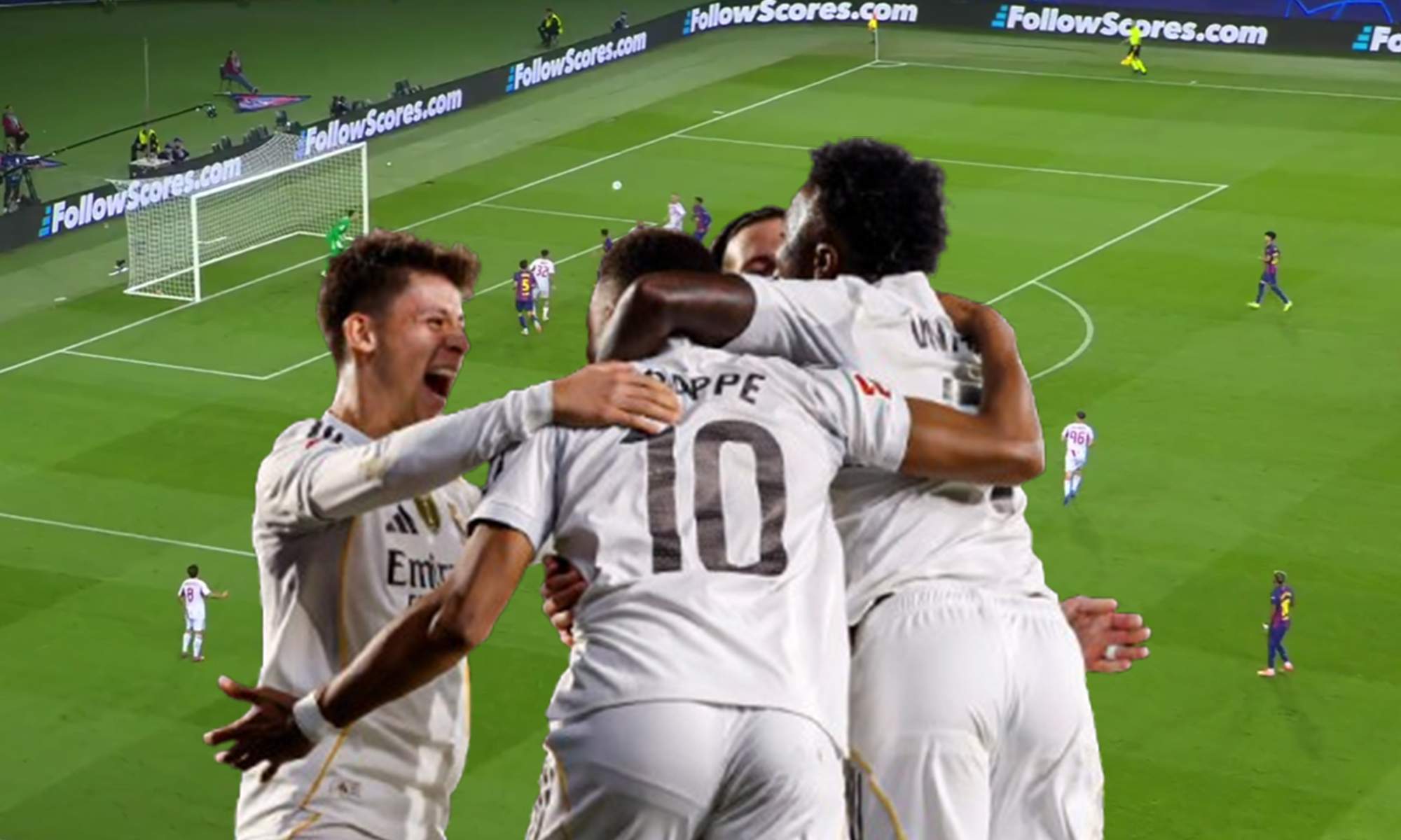 Jugadores del Real Madrid y una captura del Barcelona - Olympiacos. 