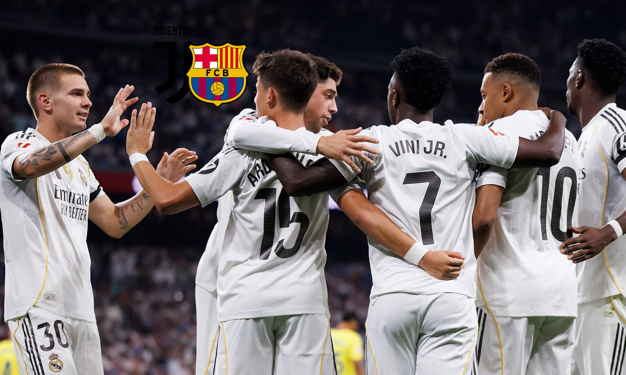 Jugadores del Real Madrid celebrando un gol y los escudos de la Juventus y el Barcelona. 