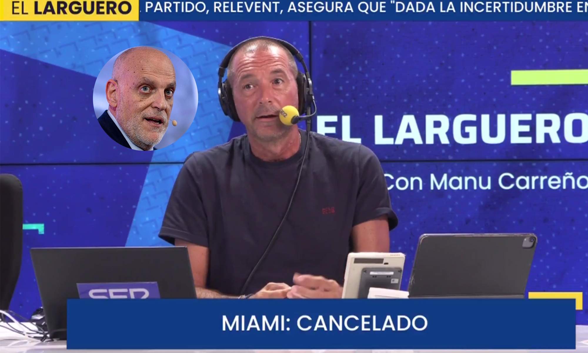 Manu Carreño en El Larguero y una foto de Javier Tebas. 