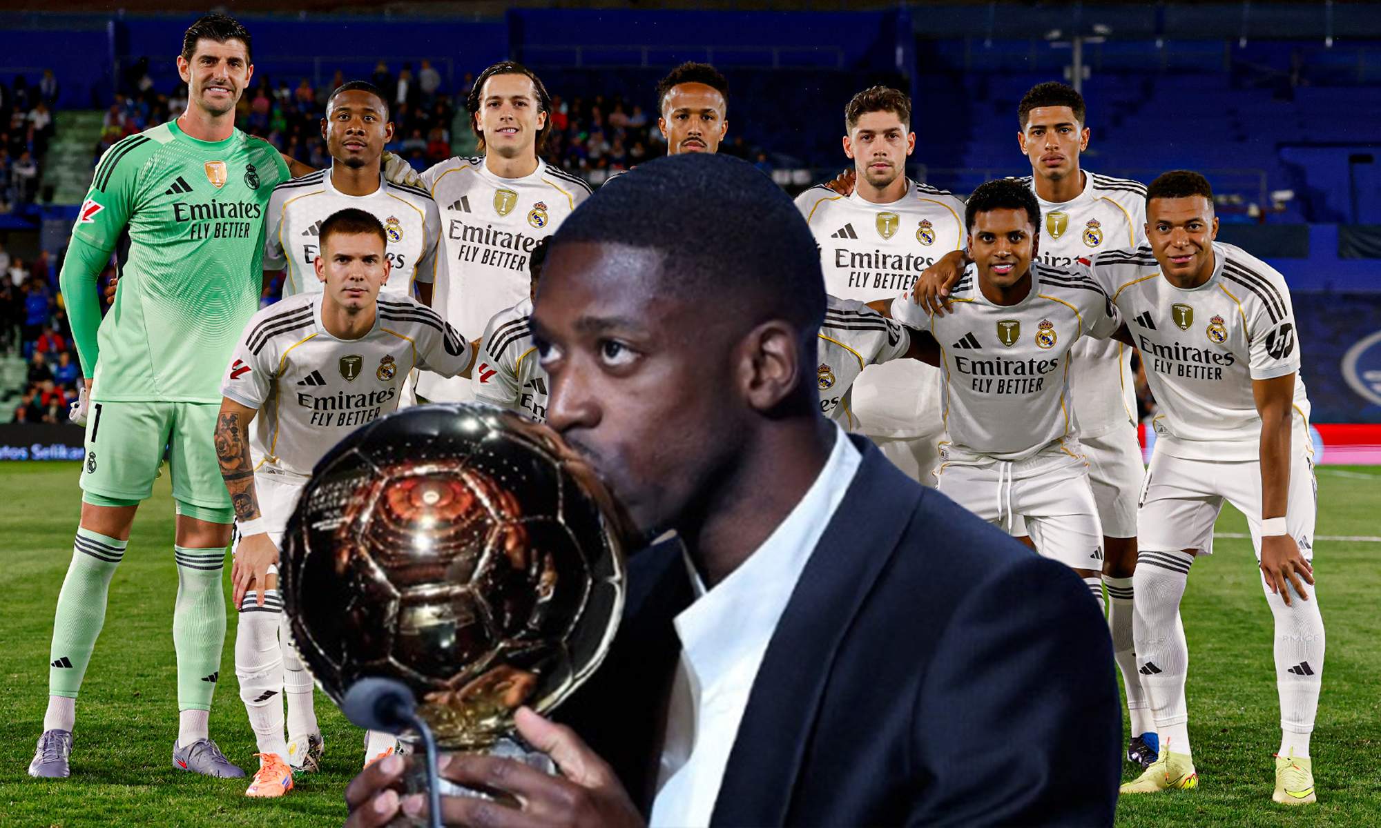 Ousmane Dembélé con el Balón de Oro y un once del Real Madrid. 