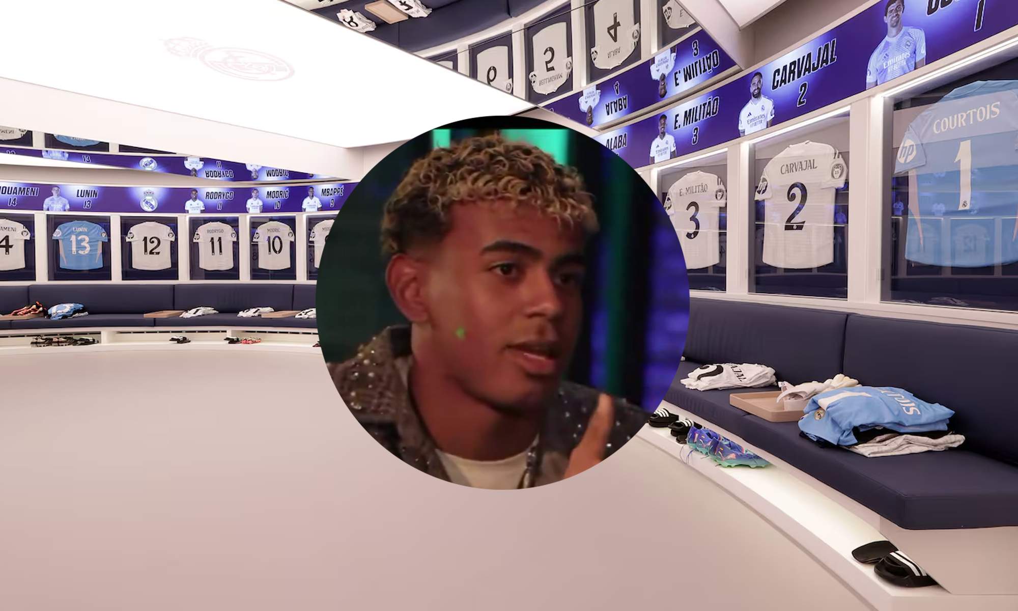 Vestuario del Real Madrid y una foto de Lamine Yamal.