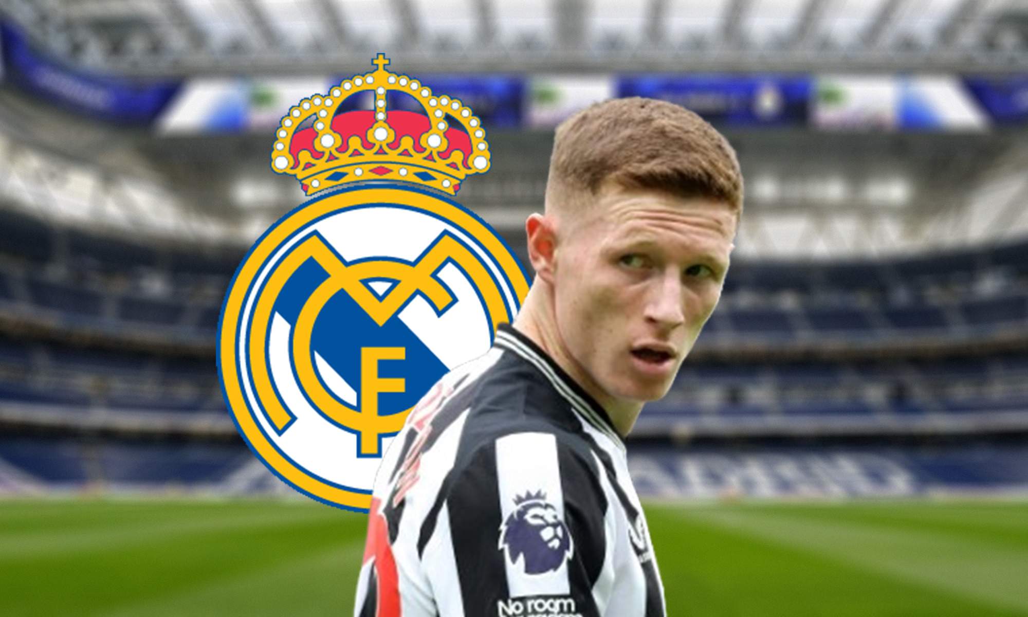 Elliot Anderson, escudo del Real Madrid y el Santiago Bernabéu.
