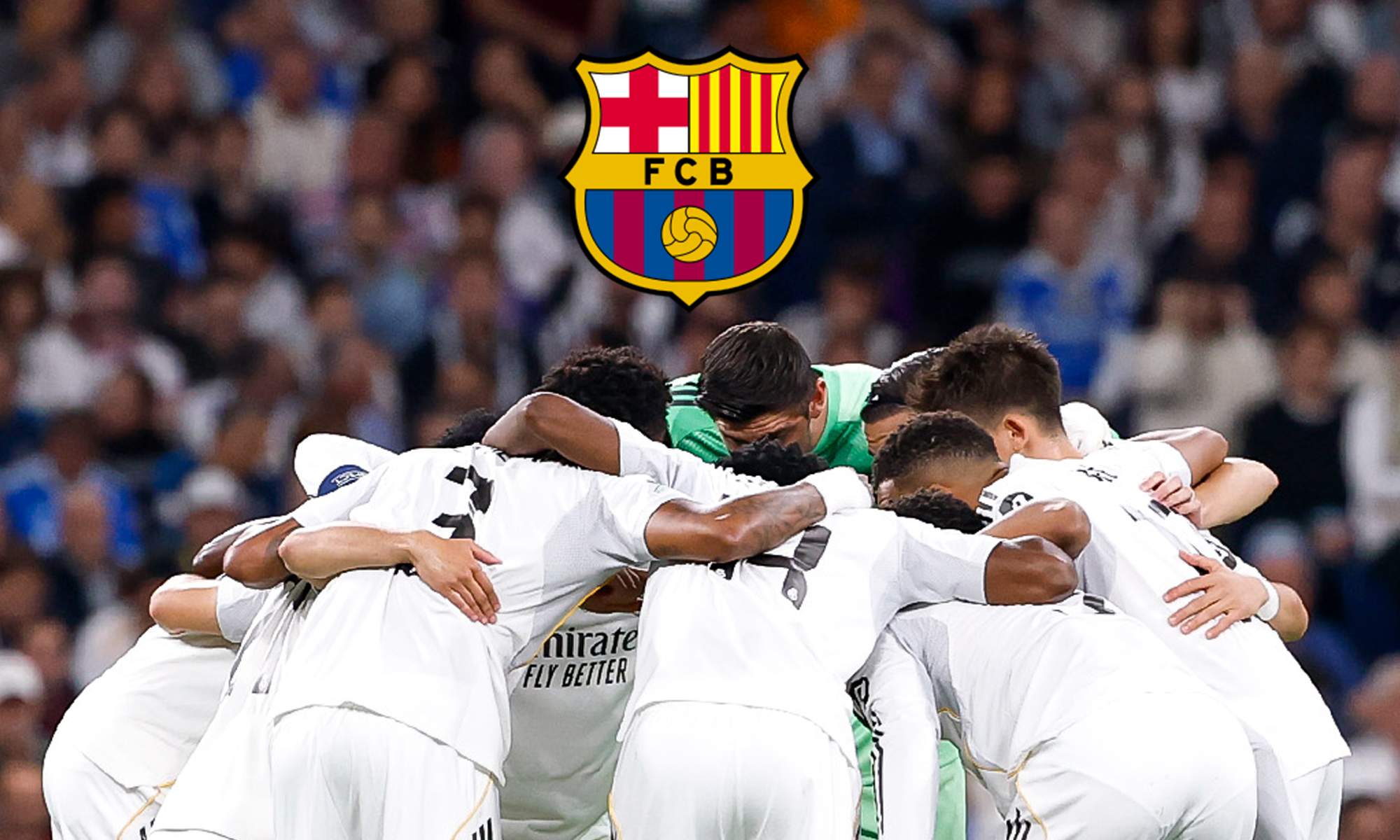 Jugadores del Real Madrid charlando y el escudo del Barcelona.