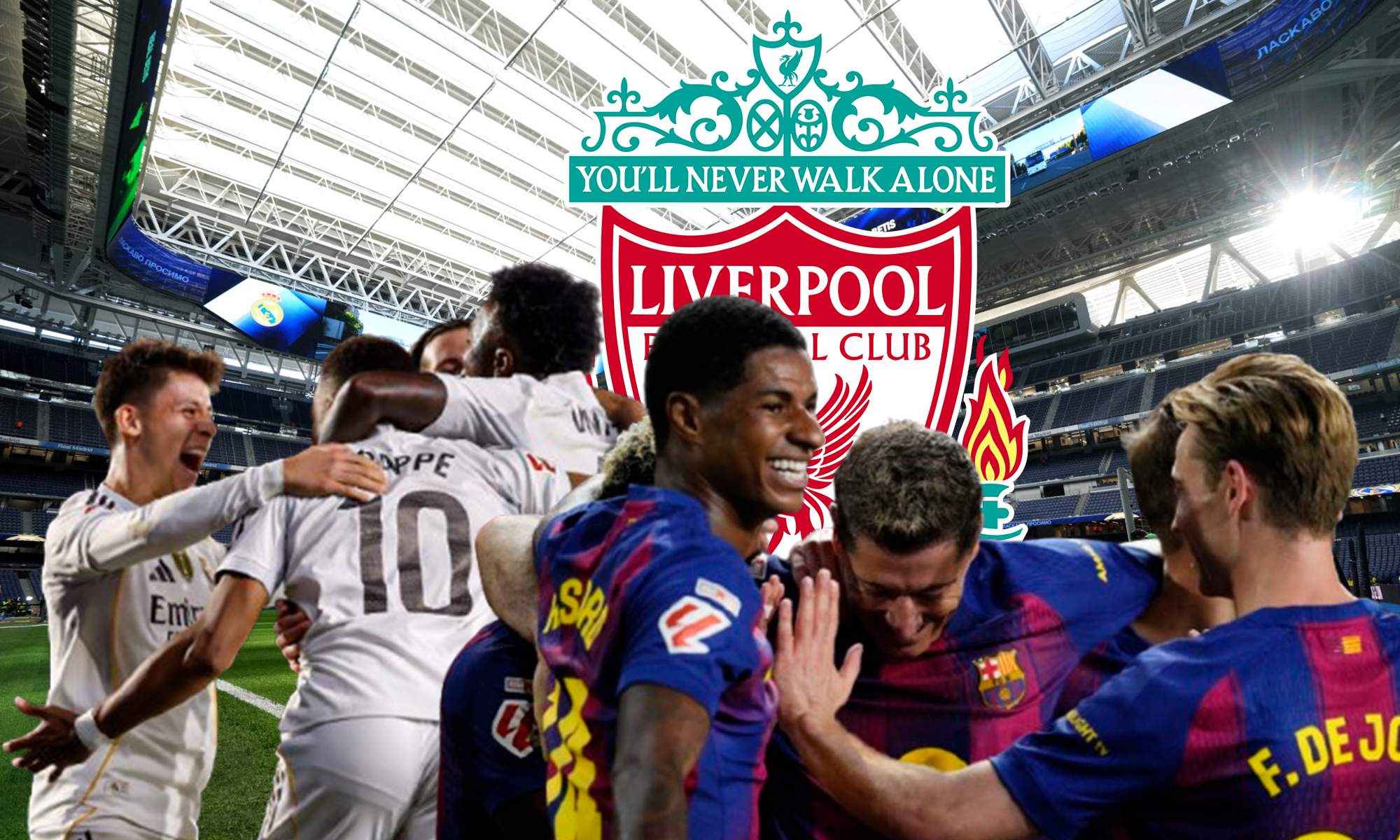 Jugadores del Real Madrid y del Barcelona junto al escudo del Liverpool.