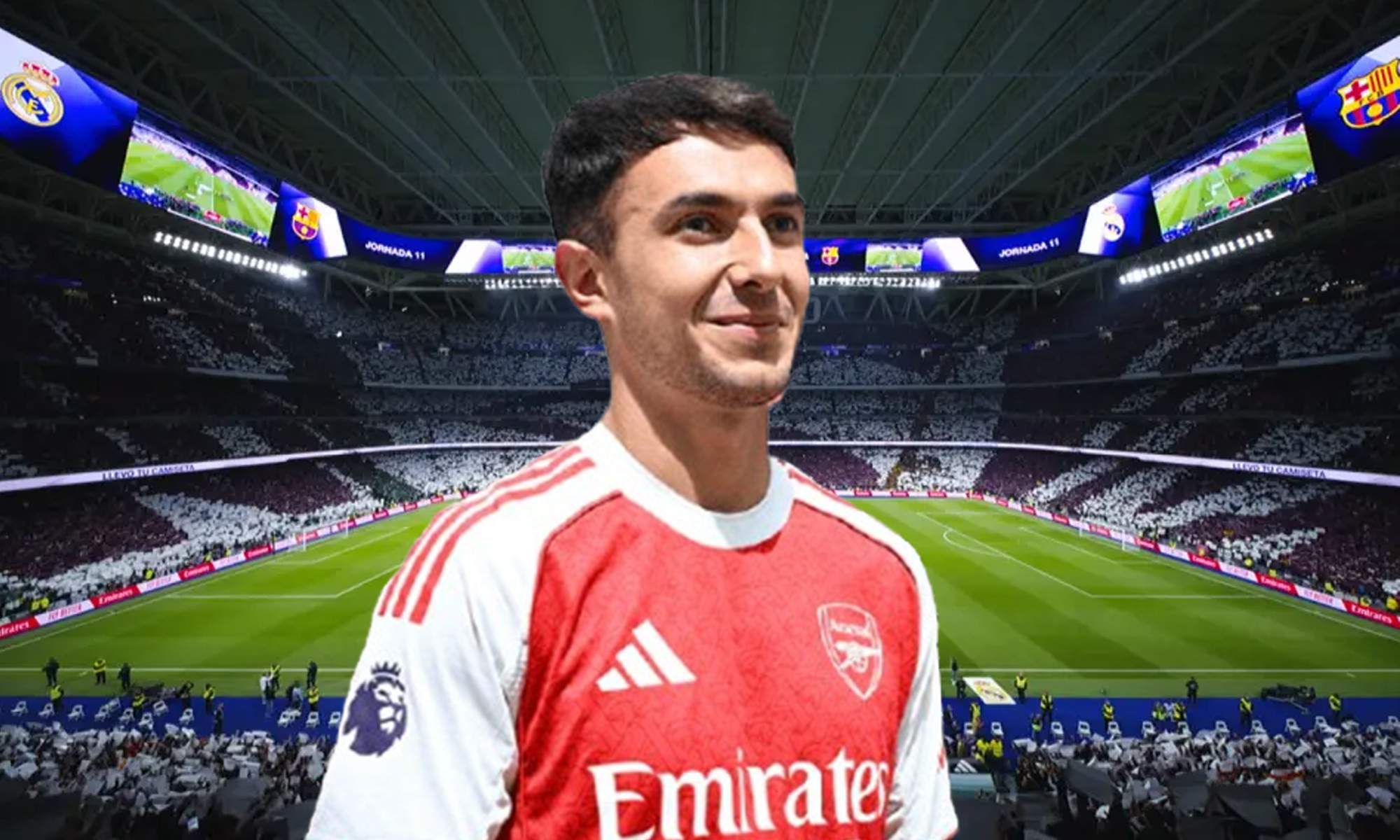 Martín Zubimendi con la camiseta del Arsenal y el Santiago Bernabéu. Martín Zubimendi con la camiseta del Arsenal y el Santiago Bernabéu.