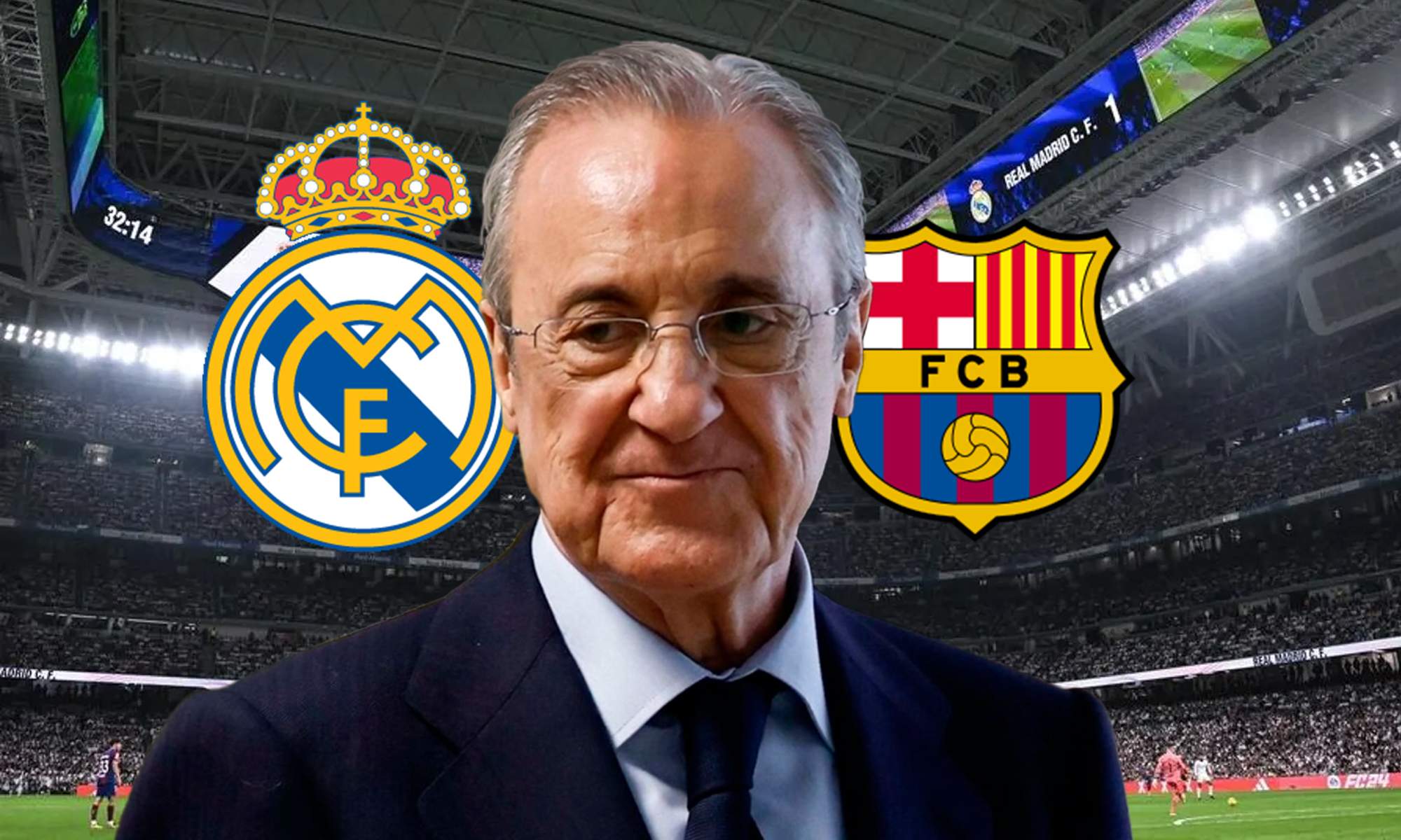 Florentino Pérez y los escudos del Real Madrid y el Barcelona. Florentino Pérez y los escudos del Real Madrid y el Barcelona.