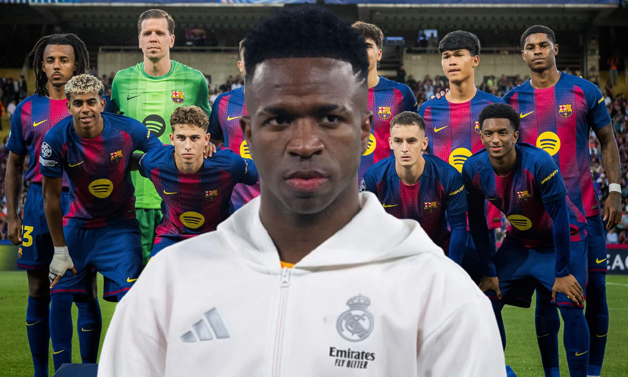 Vinícius Júnior con la sudadera del Real Madrid y el once del Barcelona en el último partido.