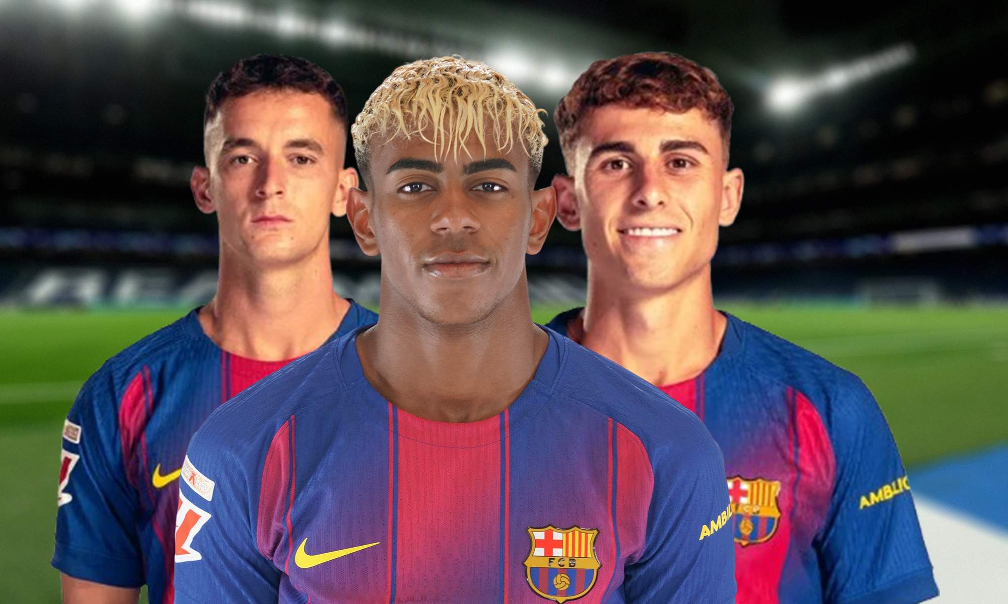 Lamine Yamal, Marc Casadó, Fermín López y el Santiago Bernabéu. Lamine Yamal, Marc Casadó, Fermín López y el Santiago Bernabéu.