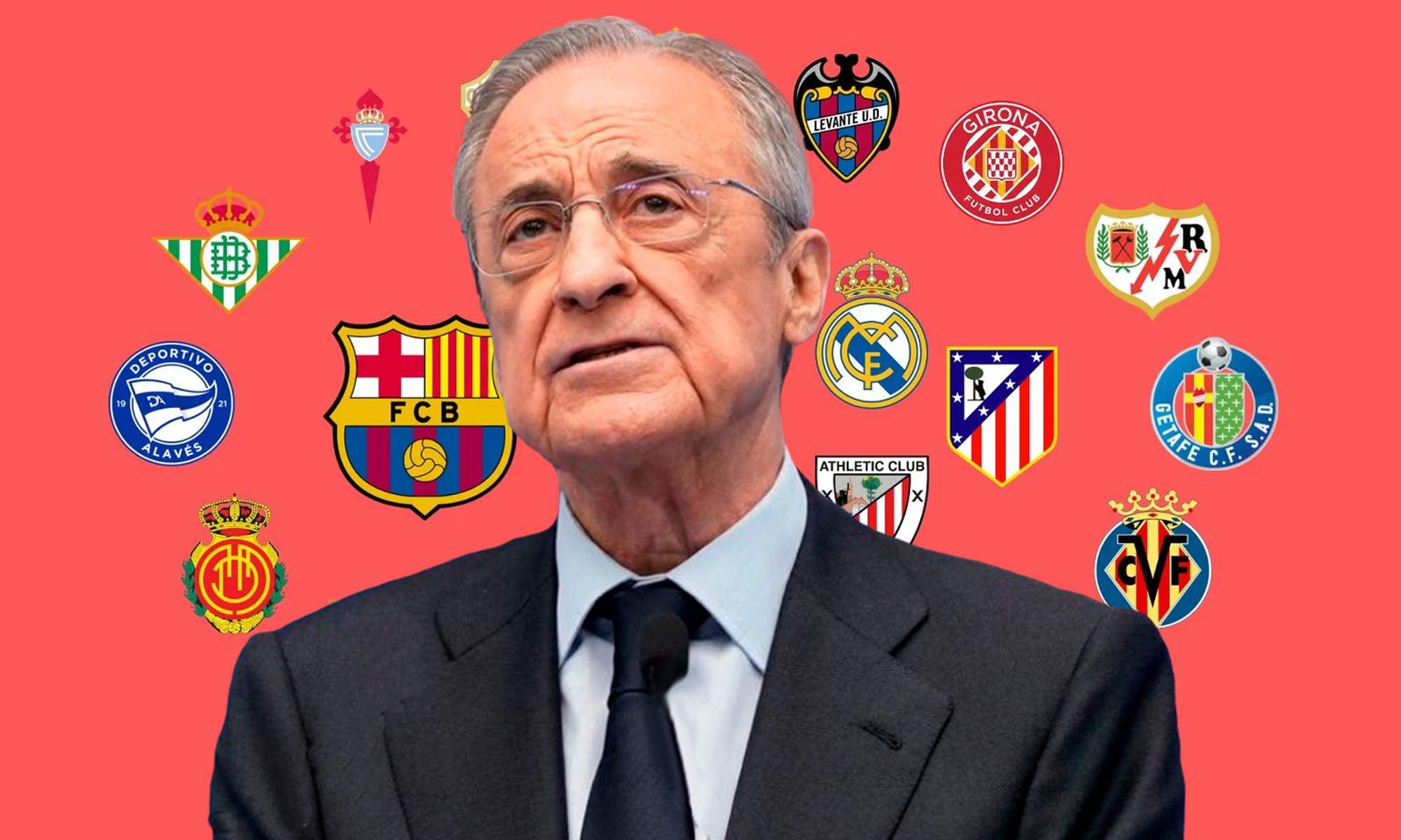 Florentino Pérez y varios escudos de equipos de LaLiga. Florentino Pérez y varios escudos de equipos de LaLiga.
