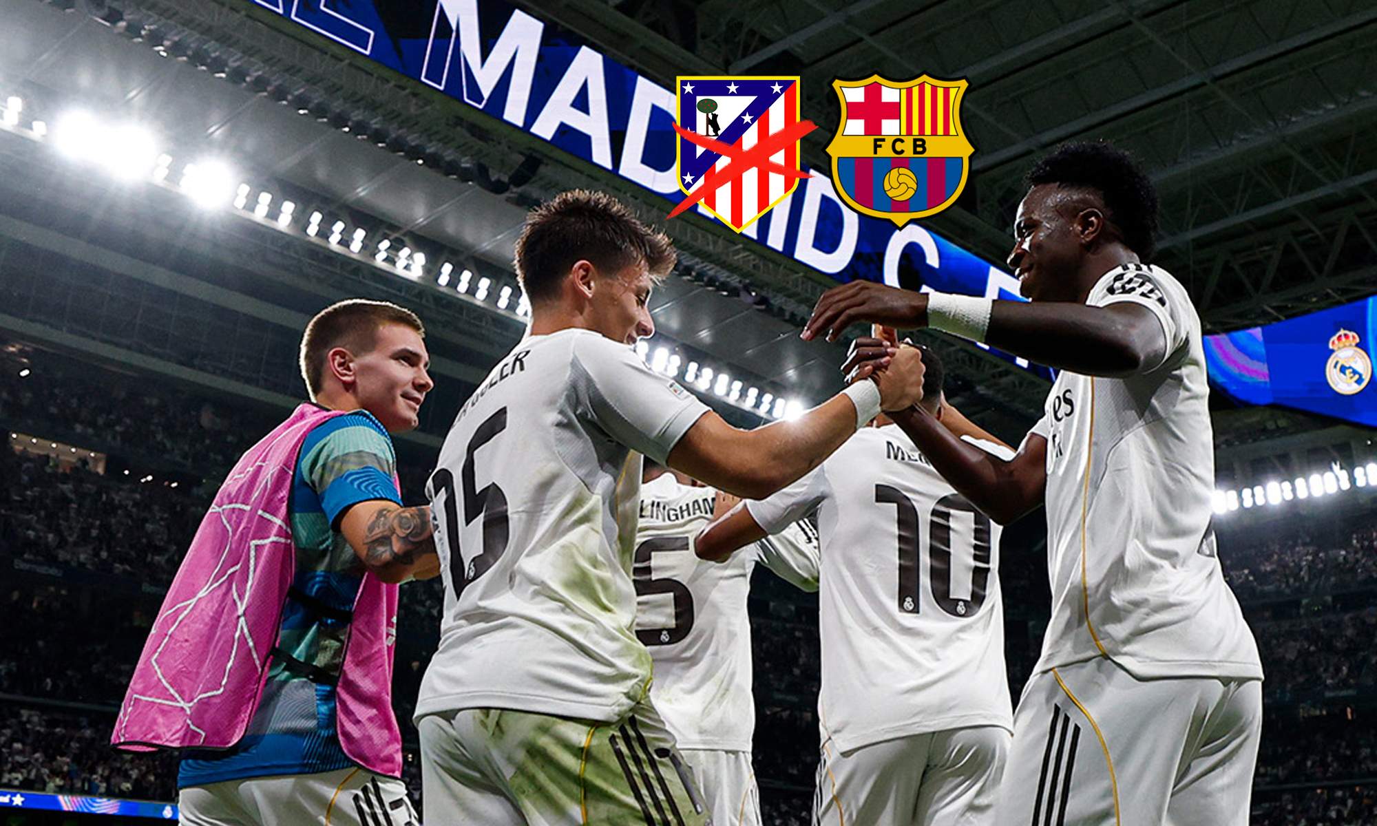 Jugadores del Real Madrid y los escudos del Atlético de Madrid y el Barcelona.  Jugadores del Real Madrid y los escudos del Atlético de Madrid y el Barcelona.