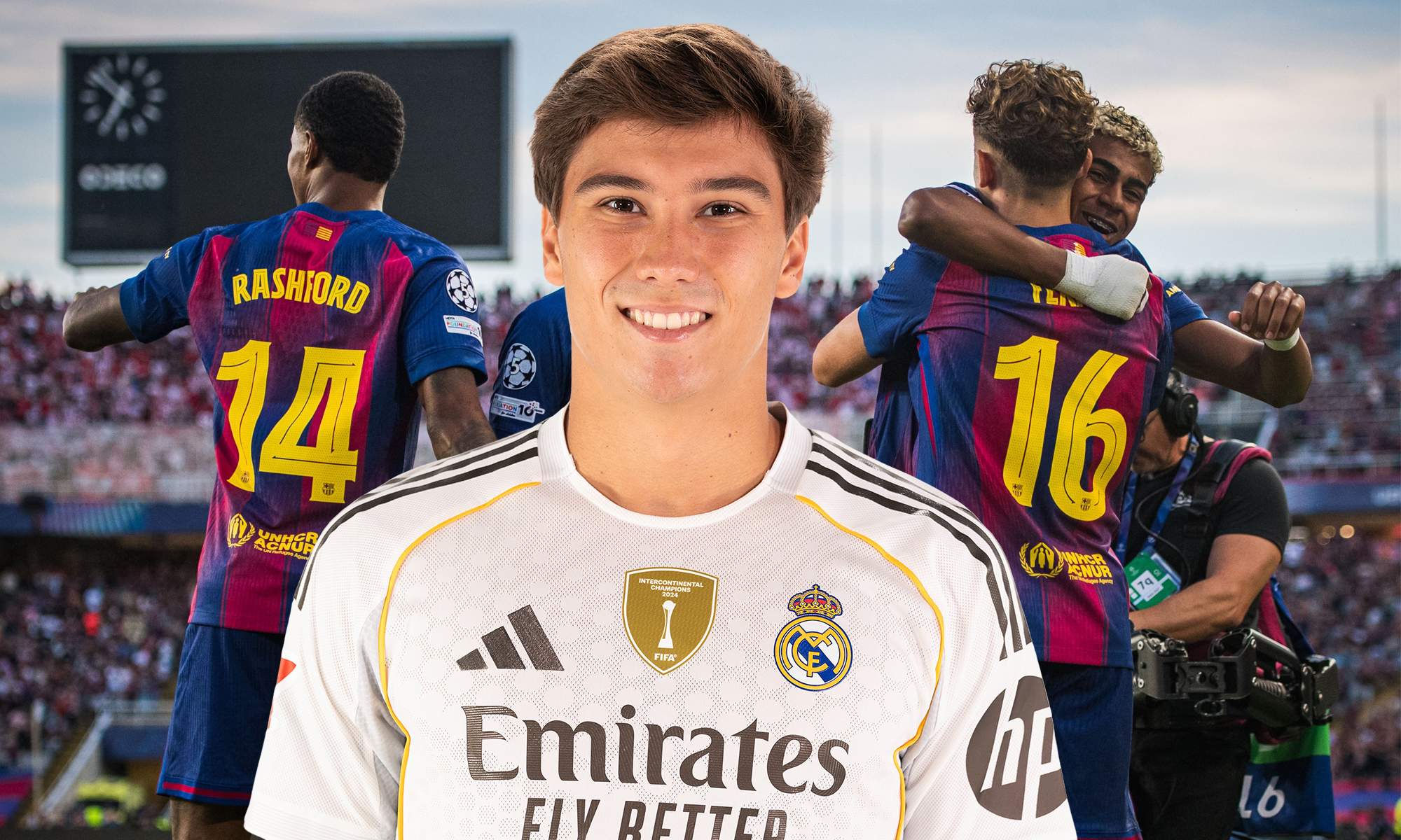 Gonzalo García con la camiseta del Real Madrid y los jugadores del Barcelona celebrando un gol.  Gonzalo García con la camiseta del Real Madrid y los jugadores del Barcelona celebrando un gol.
