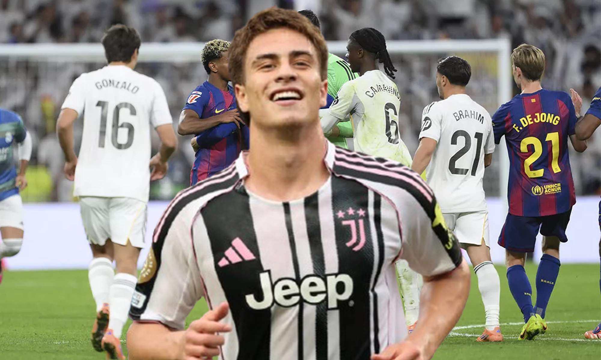 Yildiz con la camiseta de la Juventus y una captura del Real Madrid - Barcelona.