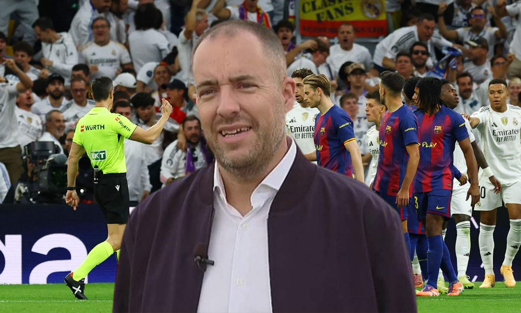 Fran Soto y los jugadores del Real Madrid y el Barcelona protestando al árbitro. Fran Soto y los jugadores del Real Madrid y el Barcelona protestando al árbitro.