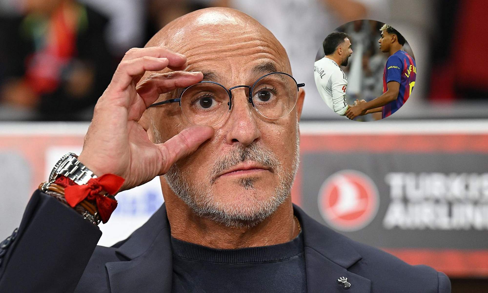 Luis de la Fuente y una foto de Dani Carvajal y Lamine Yamal después del partido. 