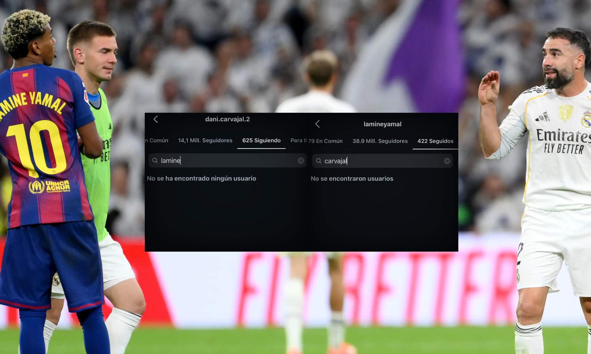Lamine Yamal y Dani Carvajal se han dejado de seguir en redes sociales tras el encontronazo que tuvieron en el Clásico del Santiago Bernabéu entre el Real Madrid y el Barcelona. Lamine Yamal y Dani Carvajal se han dejado de seguir en redes sociales tras el encontronazo que tuvieron en el Clásico del Santiago Bernabéu entre el Real Madrid y el Barcelona.