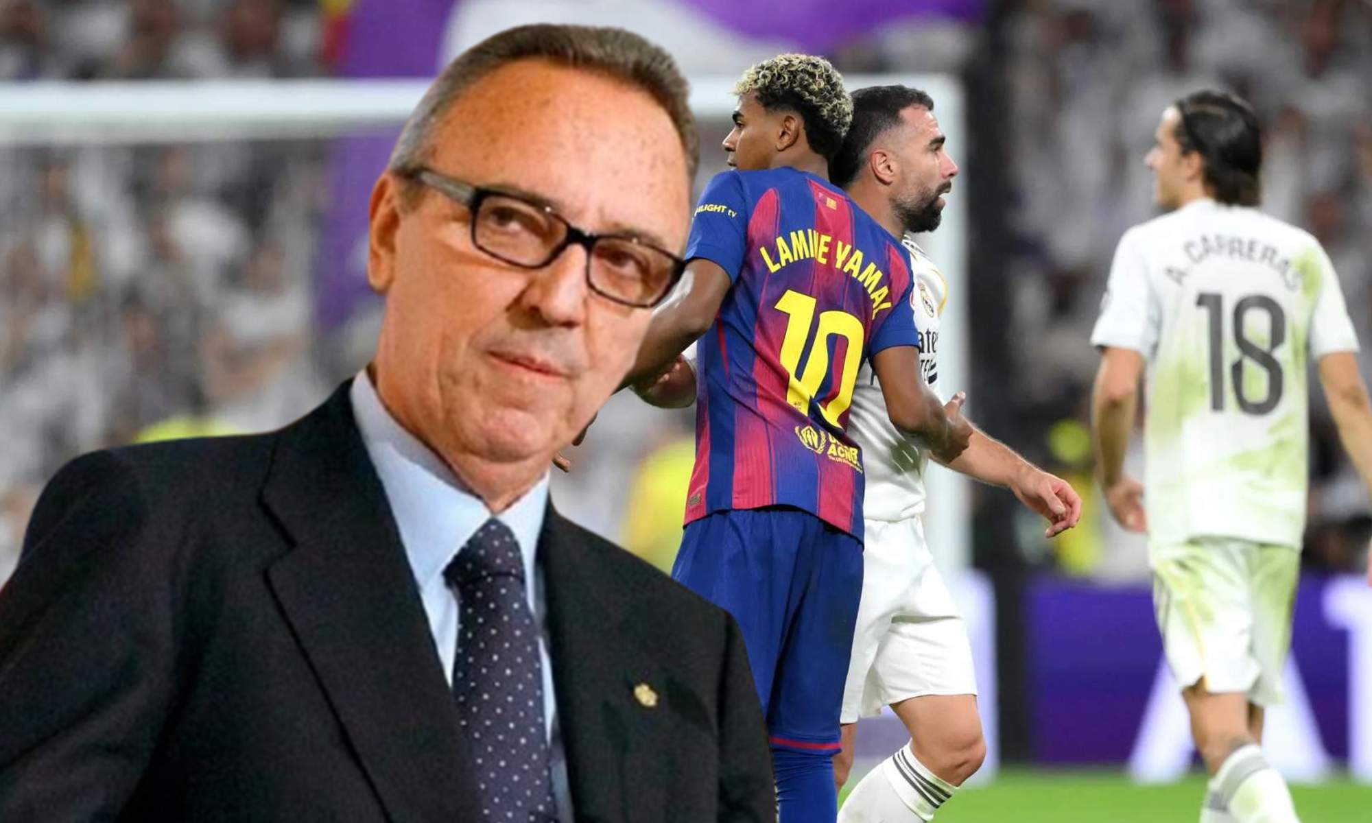 Joan Gaspart y una foto de Lamine Yamal y Dani Carvajal durante el último Clásico. Joan Gaspart y una foto de Lamine Yamal y Dani Carvajal durante el último Clásico.