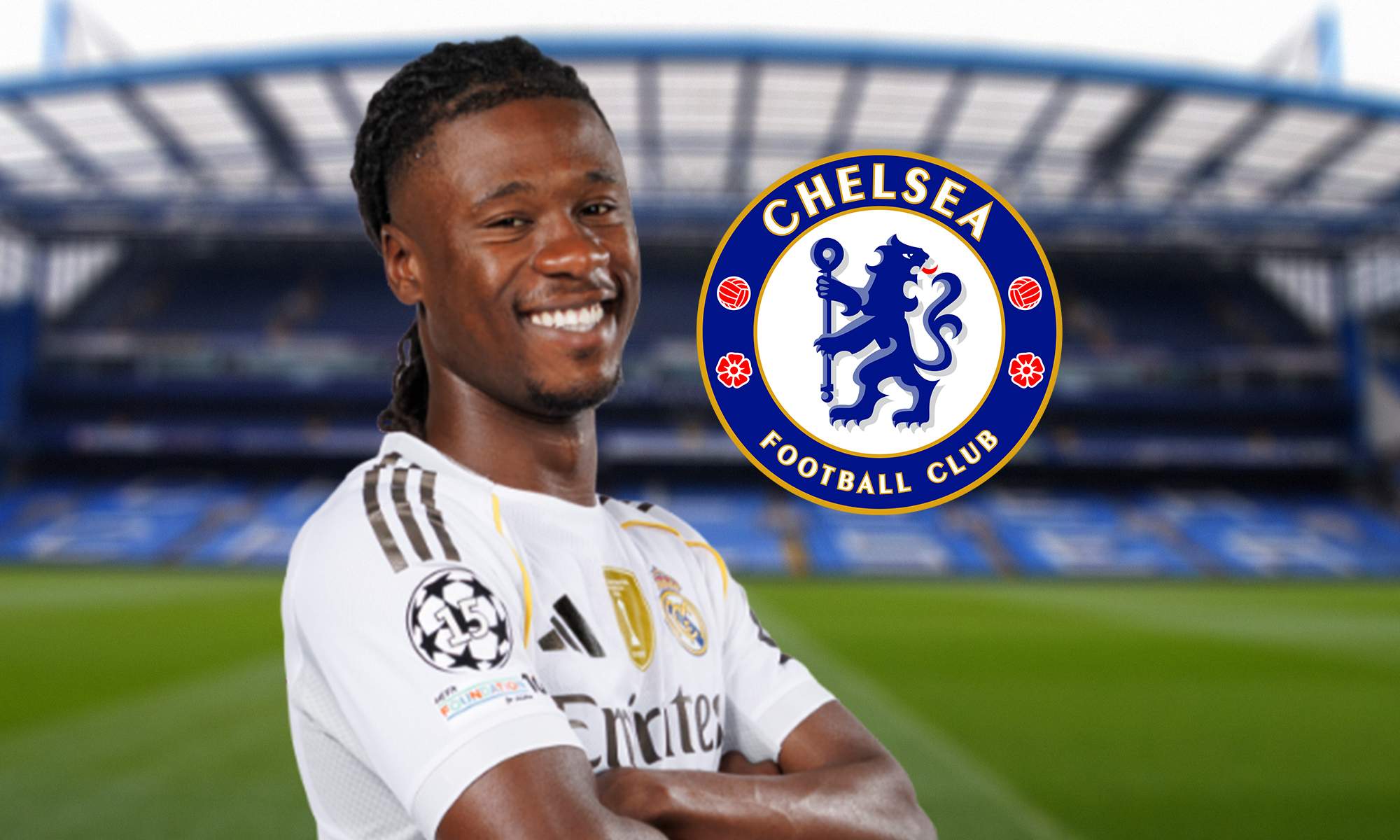Eduardo Camavinga con la camiseta del Real Madrid y el escudo del Chelsea. Eduardo Camavinga con la camiseta del Real Madrid y el escudo del Chelsea.