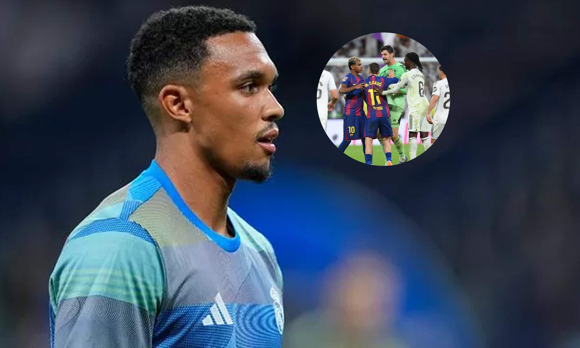 Trent Alexander-Arnold y una foto de una de las tengas del Clásico. Trent Alexander-Arnold y una foto de una de las tengas del Clásico.