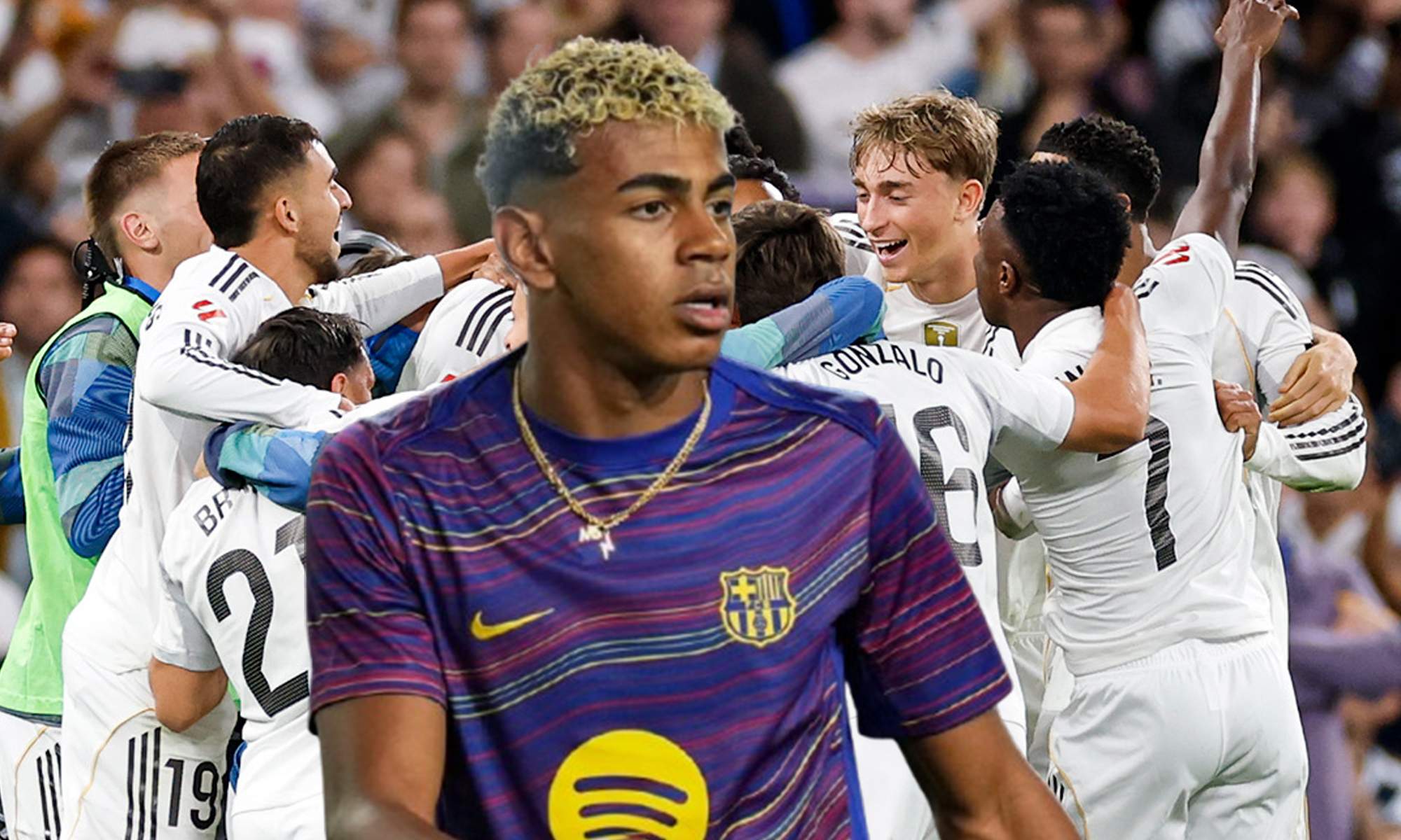 Lamine Yamal y los jugadores del Real Madrid celebrando un gol.  Lamine Yamal y los jugadores del Real Madrid celebrando un gol.