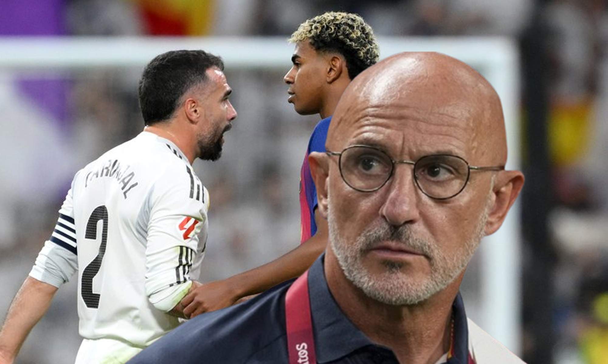 Luis de la Fuente y una foto de Dani Carvajal y Lamine Yamal en el Clásico. Luis de la Fuente y una foto de Dani Carvajal y Lamine Yamal en el Clásico.