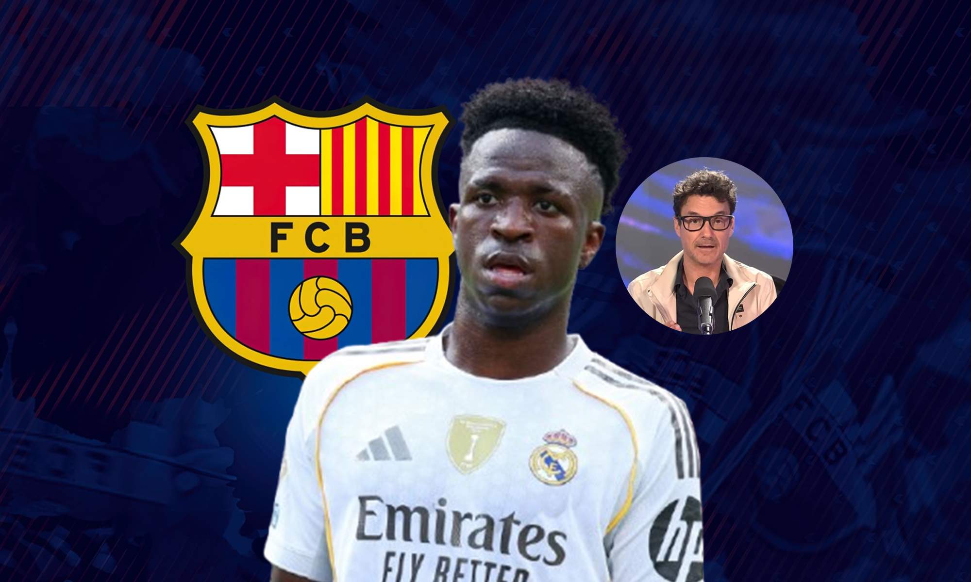 Vinícius Júnior con la camiseta del Real Madrid, un wallpaper del Barcelona y una foto de Albert Lesan. Vinícius Júnior con la camiseta del Real Madrid, un wallpaper del Barcelona y una foto de Albert Lesan.