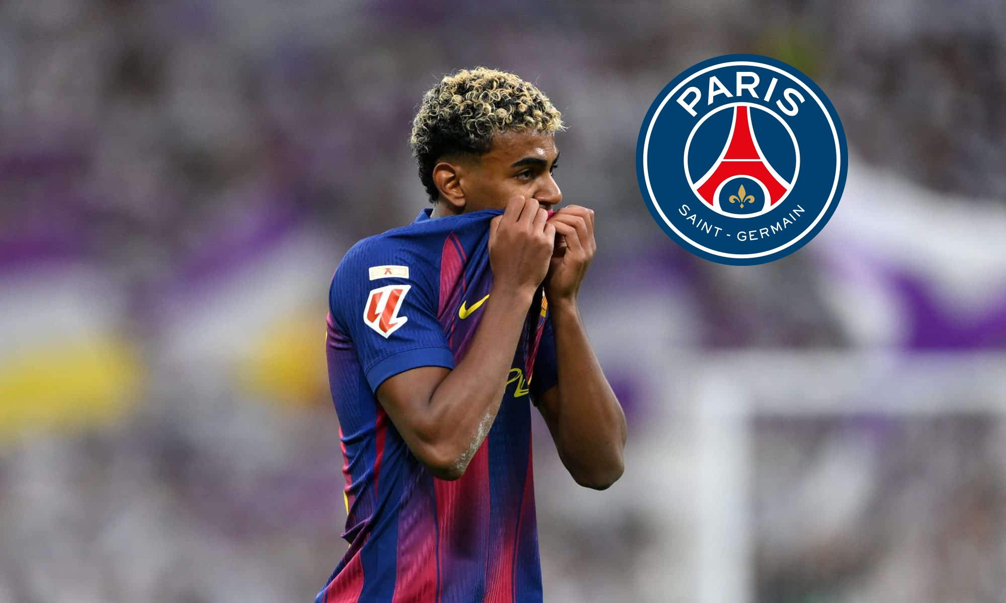 Lamine Yamal en el Clásico y un escudo del Paris Saint-Germain. Lamine Yamal en el Clásico y un escudo del Paris Saint-Germain.