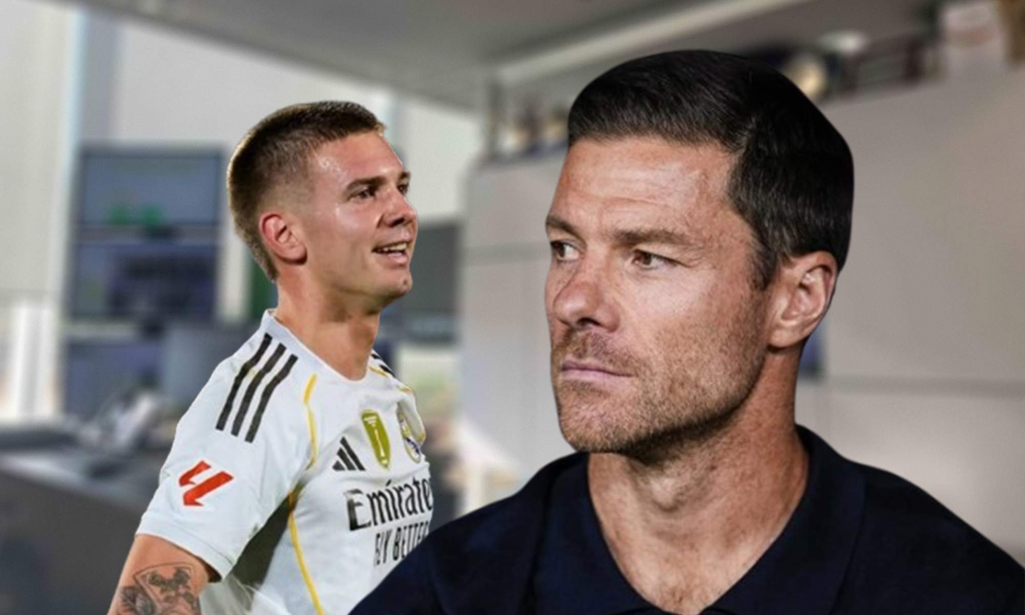 Xabi Alonso, Franco Mastantuono y un despacho de Valdebebas. Xabi Alonso, Franco Mastantuono y un despacho de Valdebebas.