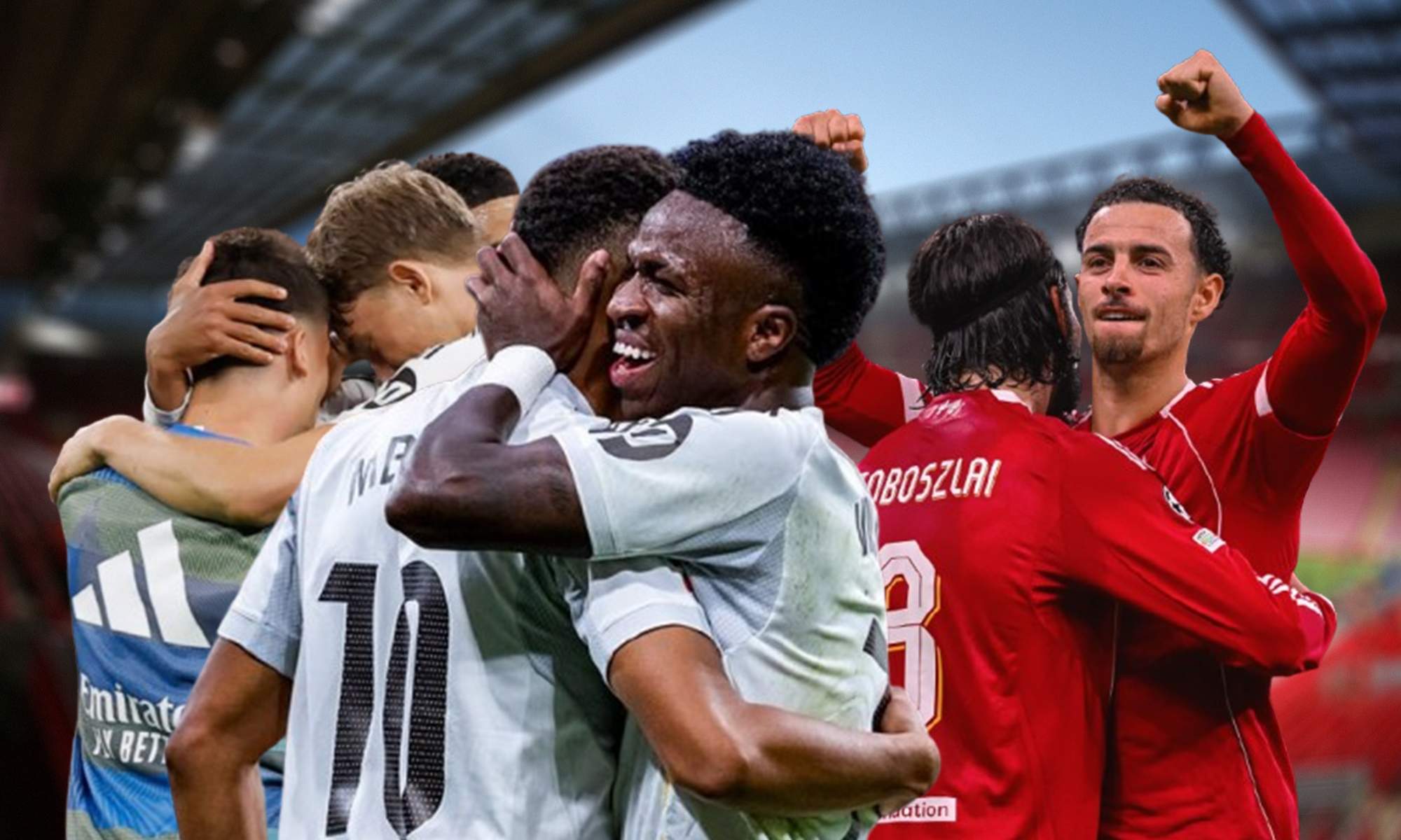 Jugadores del Real Madrid y del Liverpool y el estadio de Anfield. Jugadores del Real Madrid y del Liverpool y el estadio de Anfield.