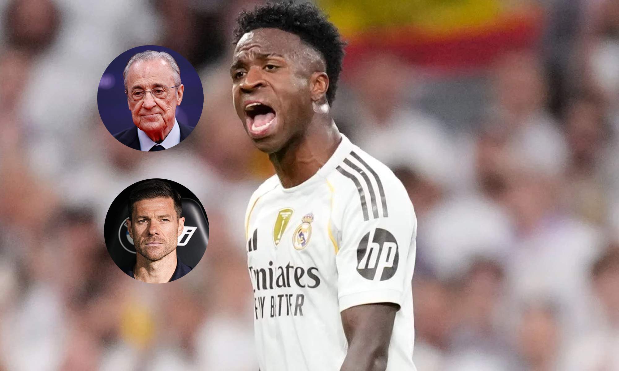 Vinícius Júnior y una foto de Florentino Pérez y Xabi Alonso. Vinícius Júnior y una foto de Florentino Pérez y Xabi Alonso.