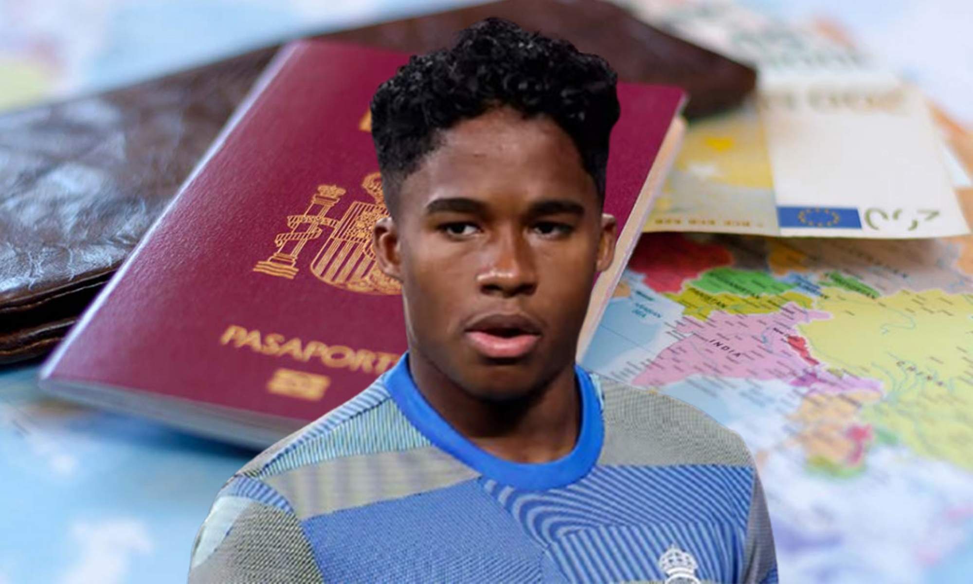 Endrick con la sudadera del Real Madrid y un pasaporte.  Endrick con la sudadera del Real Madrid y un pasaporte.