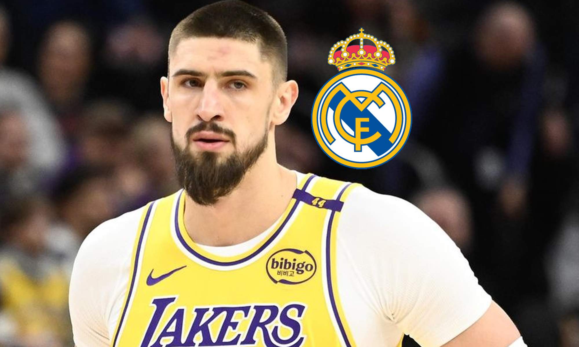 Alex Len durante un partido y el escudo del Real Madrid. Alex Len durante un partido y el escudo del Real Madrid.