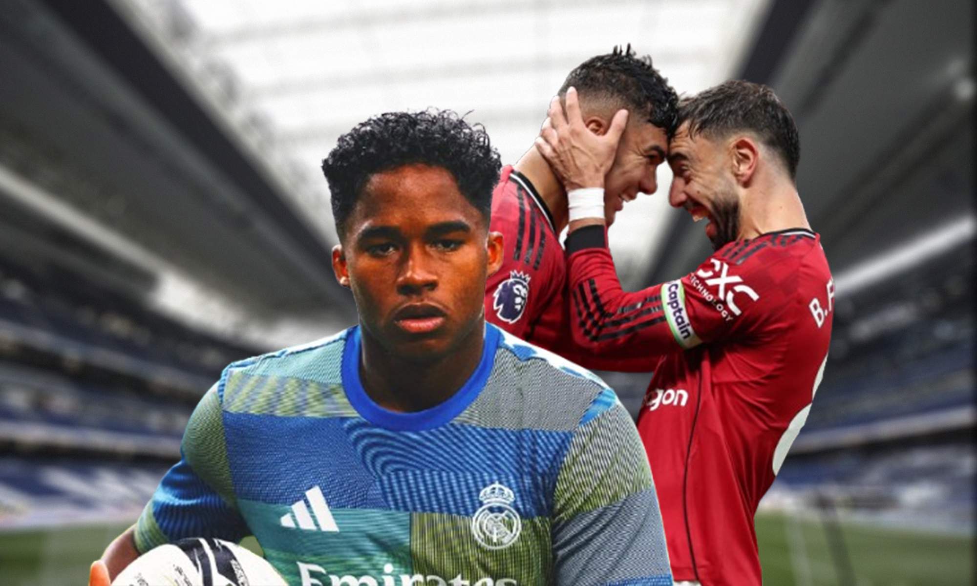 Endrick, jugadores del Manchester United y el Santiago Bernabéu.