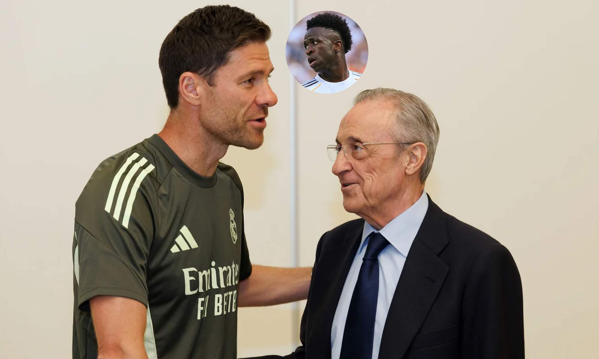 Xabi Alonso, Florentino Pérez y una foto de Vinícius Júnior.