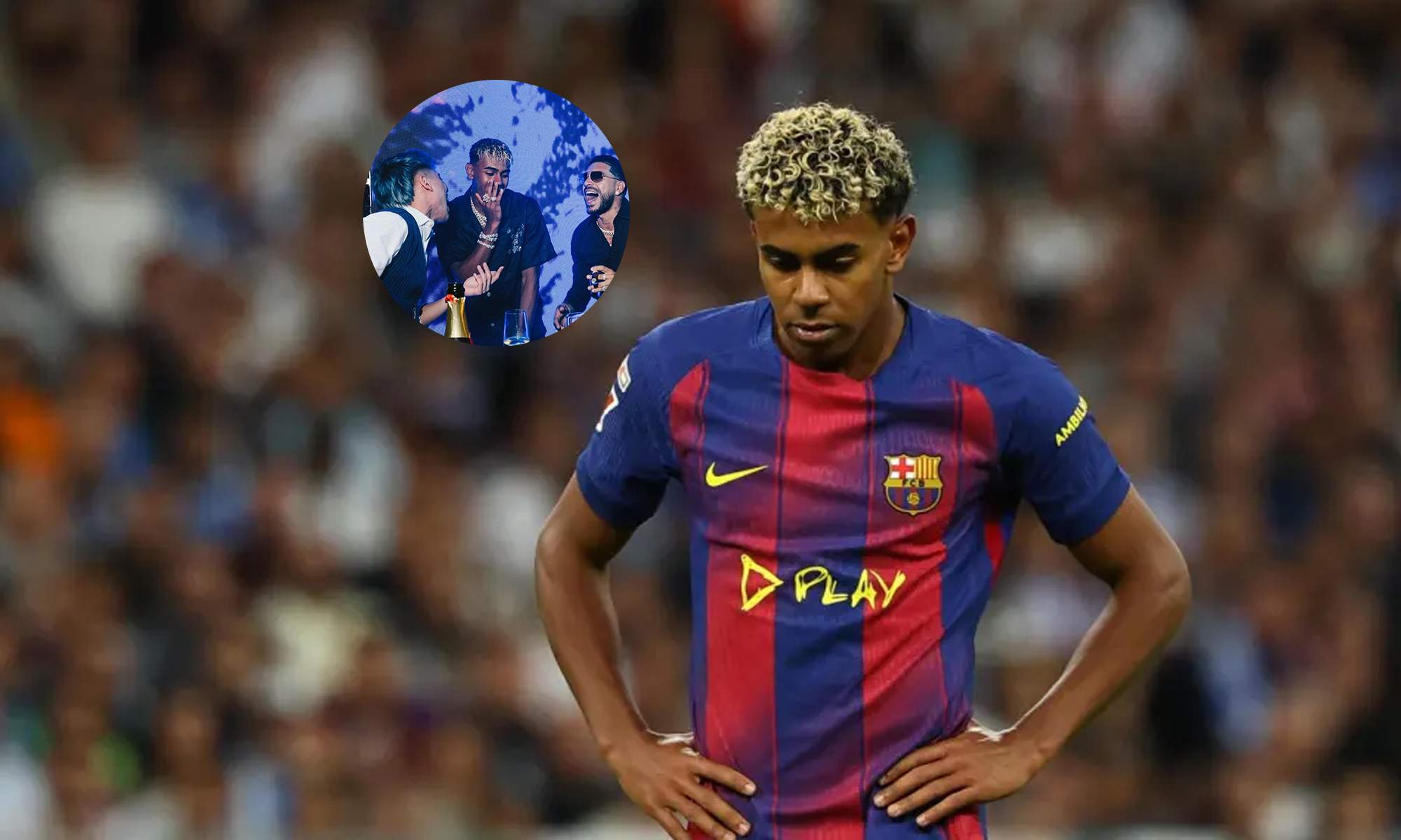 Lamine Yamal cabizbajo y una foto suya en una fiesta.  Lamine Yamal cabizbajo y una foto suya en una fiesta.