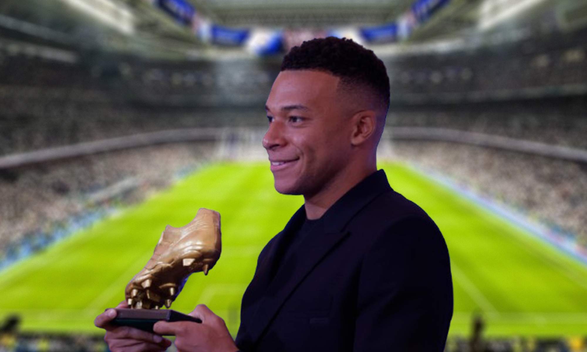Kylian Mbappé con la Bota de Oro y el Santiago Bernabéu.
