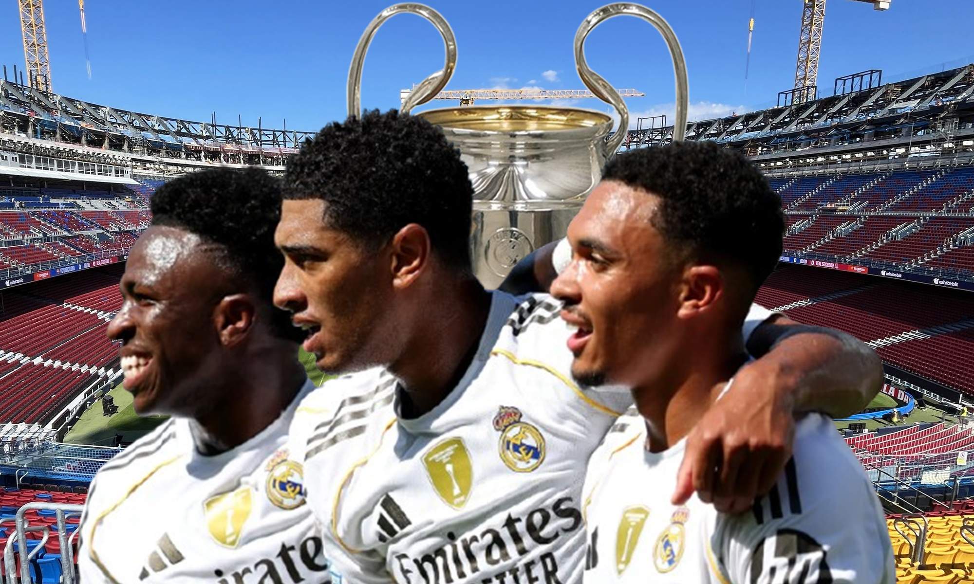 Jugadores del Real Madrid, la Champions League y el Camp Nou.