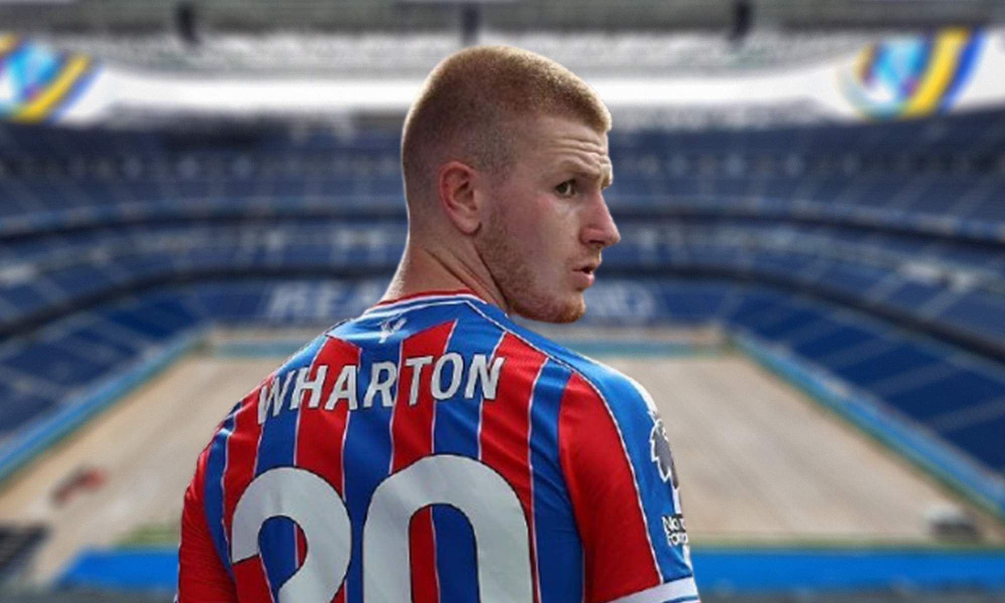 Adam Wharton con la camiseta del Crystal Palace y el Santiago Bernabéu. Adam Wharton con la camiseta del Crystal Palace y el Santiago Bernabéu.