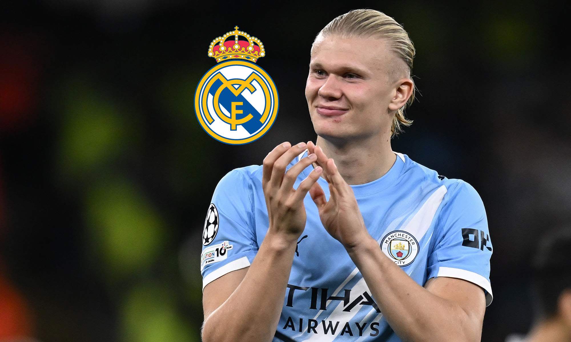 Erling Haaland jugando con el Manchester City y el escudo del Real Madrid.