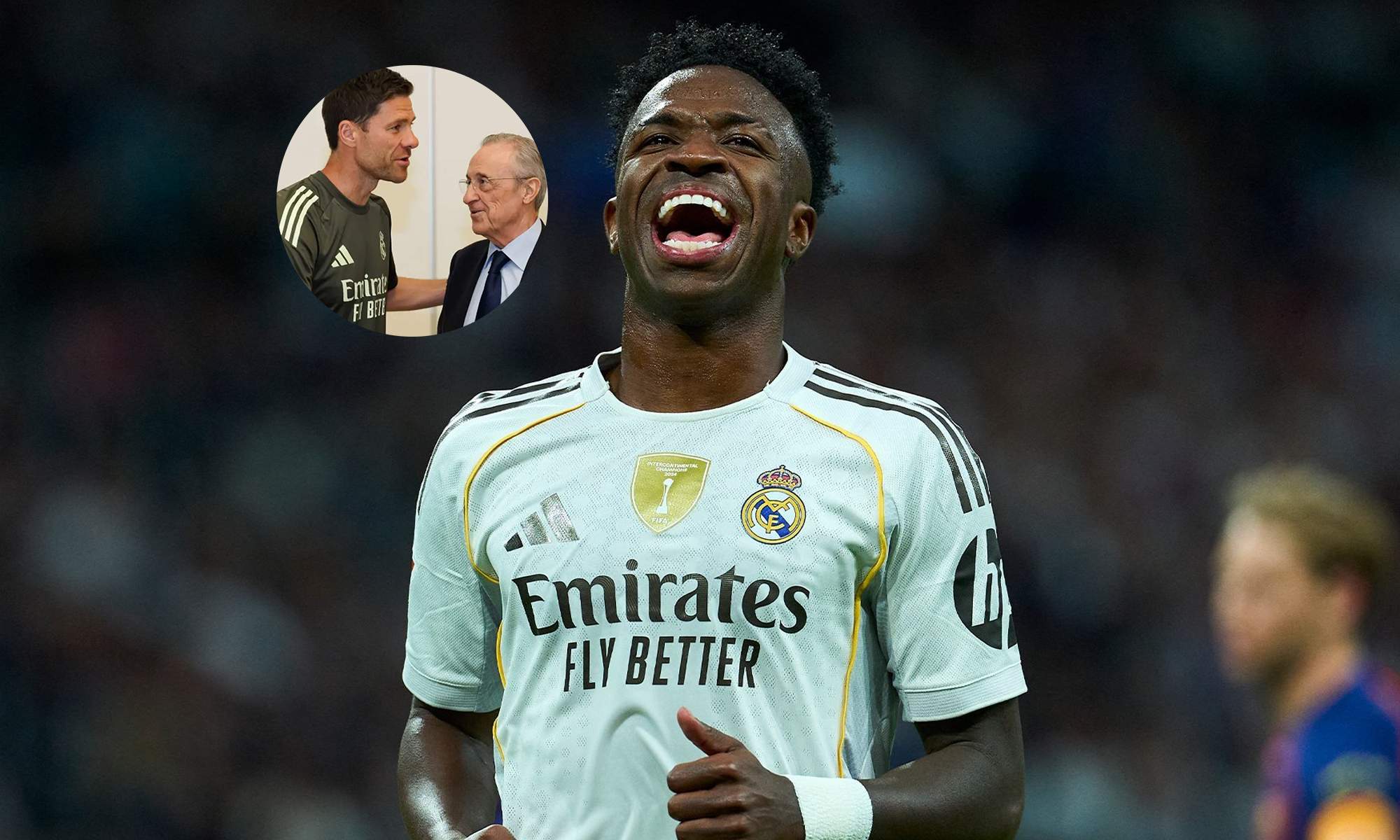 Vinícius Júnior y una foto de Florentino Pérez y Xabi Alonso.
