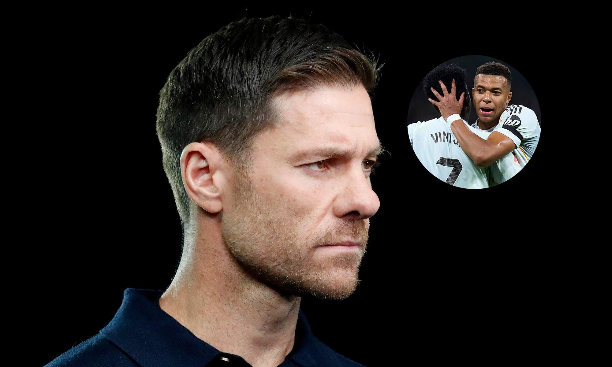 Xabi Alonso y una foto de Vinícius Júnior y Kylian Mbappé.