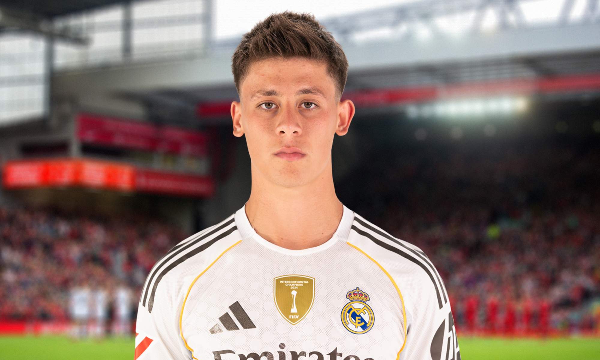 Arda Güler con la camiseta del Real Madrid y el estadio del Liverpool.