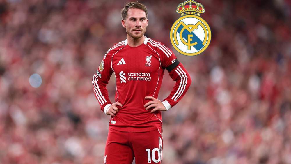 Mac Allister con la camiseta del Liverpool y el escudo del Real Madrid.