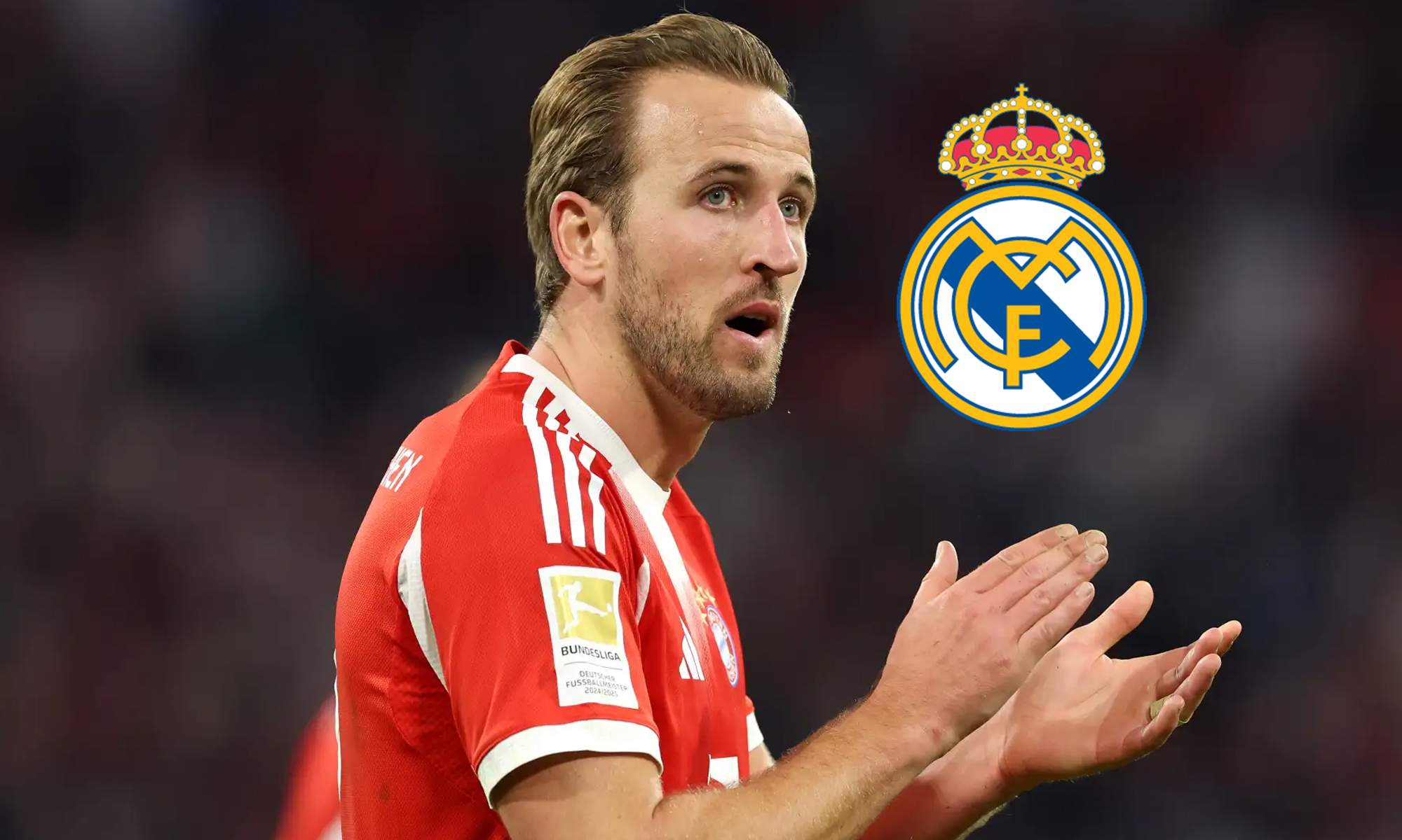 Harry Kane con la camiseta del Bayern Múnich y el escudo del Real Madrid. 