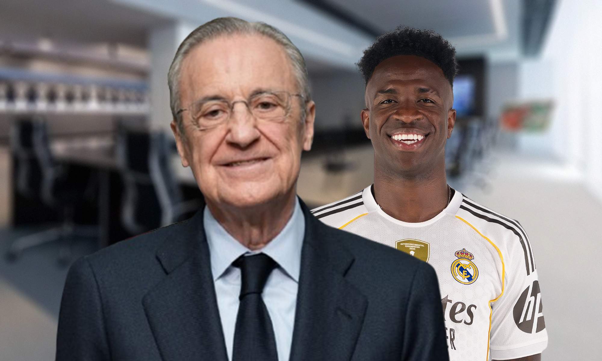 Florentino Pérez, Vinícius Júnior y una sala del Real Madrid.