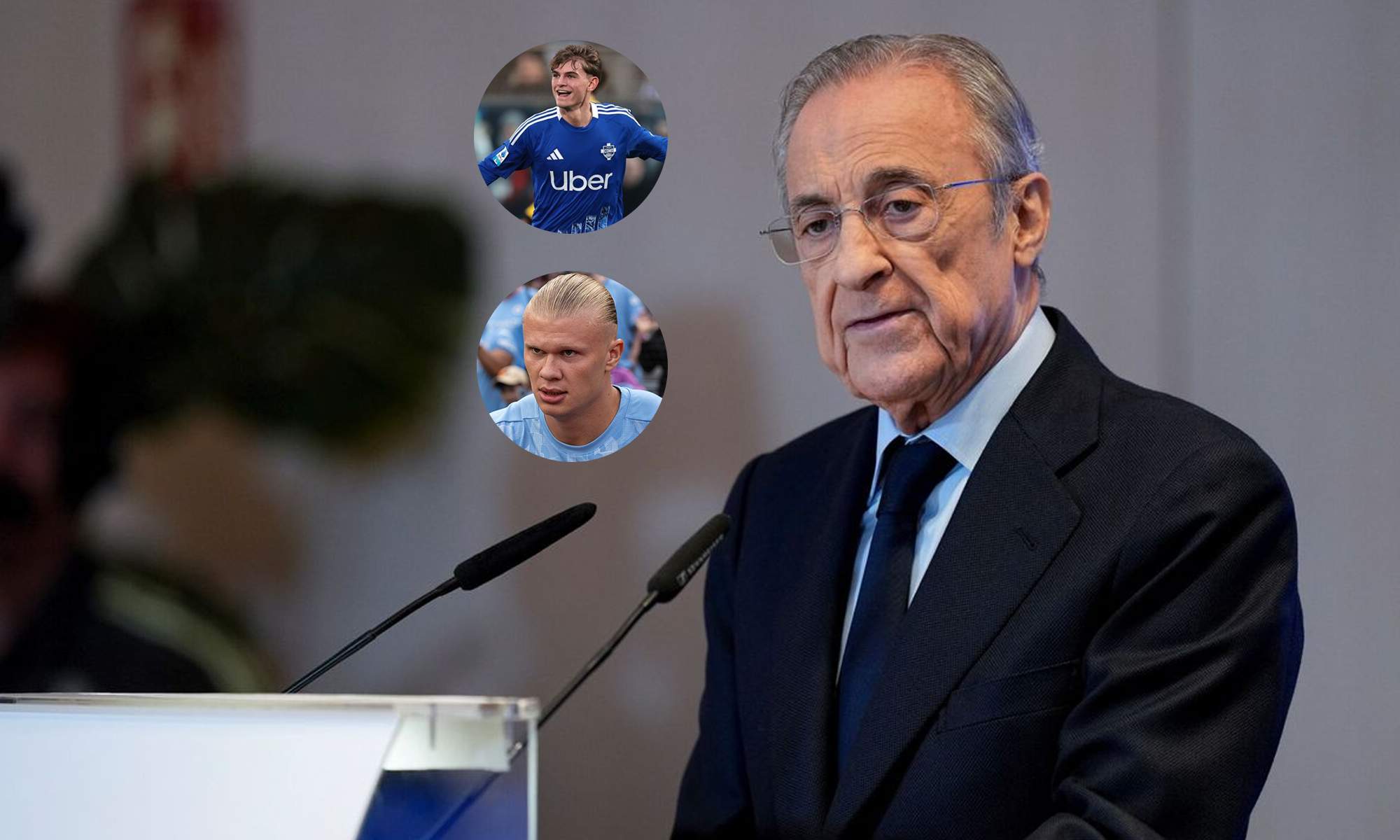 Florentino Pérez en un acto, una foto de Nico Paz y otra de Erling Haaland. 